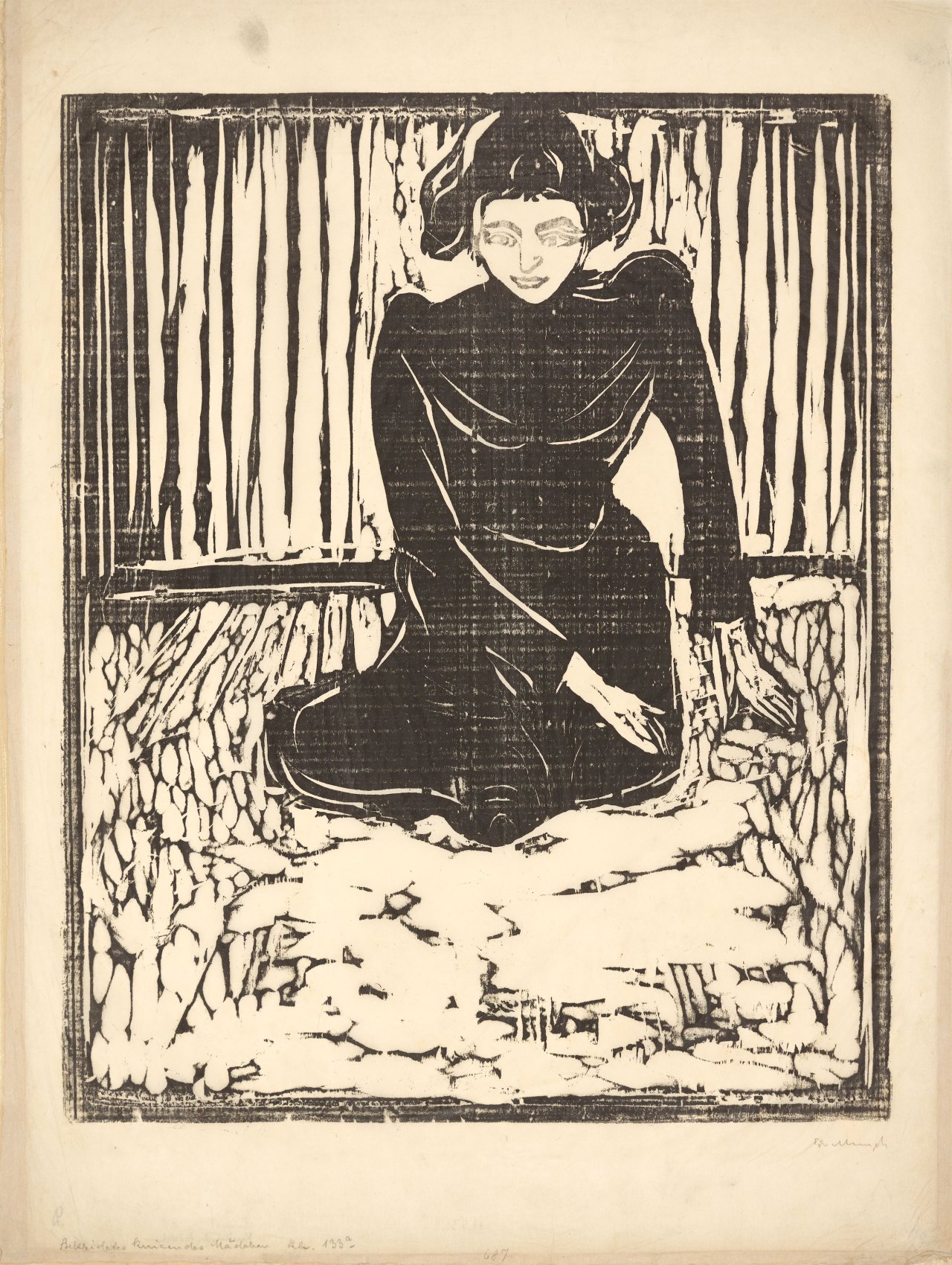 This picture shows the following artwork: Edvard Munch. ”Frau, auf dem Boden sitzend”. 1899.