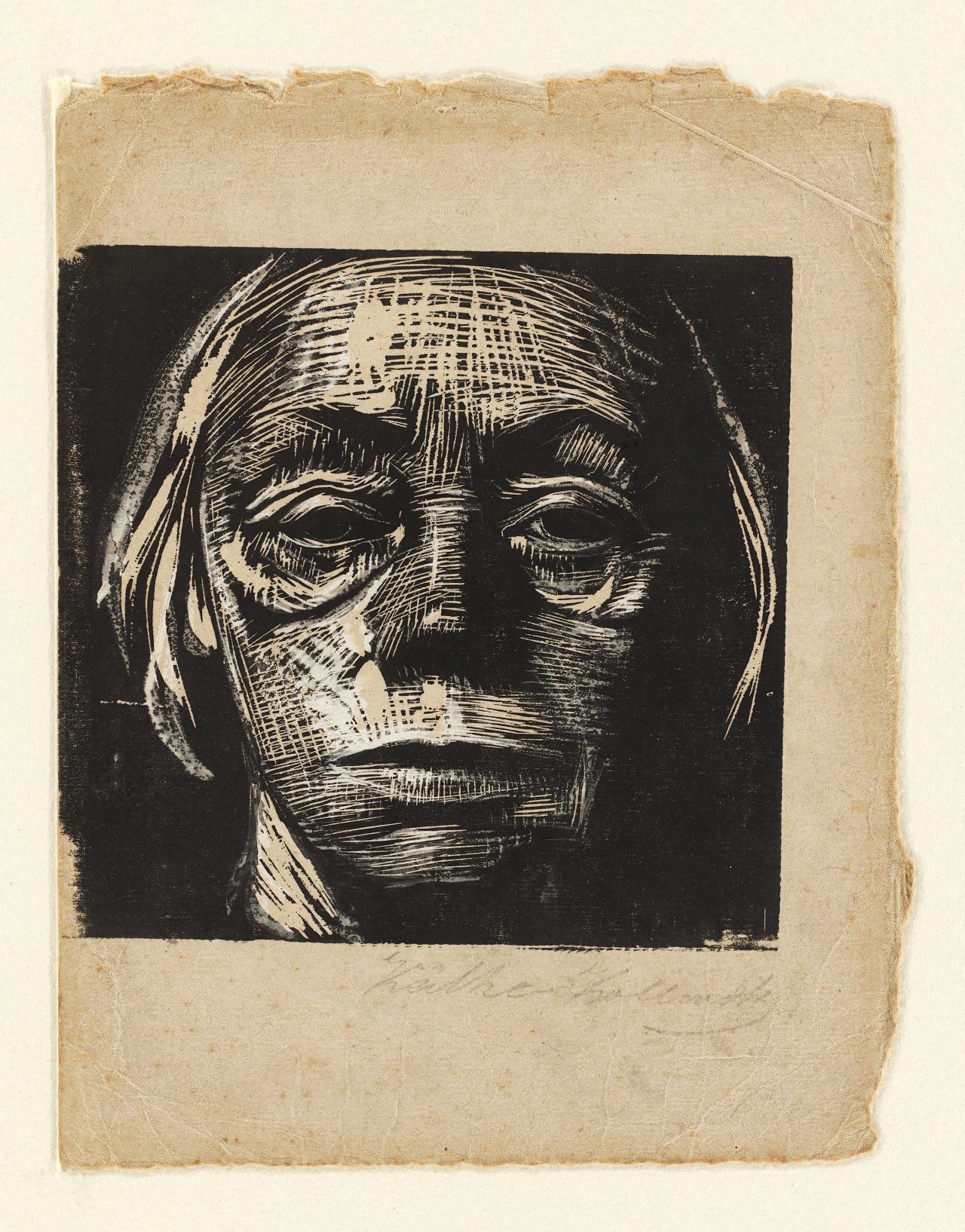Auf diesem Bild ist das folgende Kunstwerk zu sehen: Käthe Kollwitz. „Selbstbildnis von vorn“. 1922/23.
