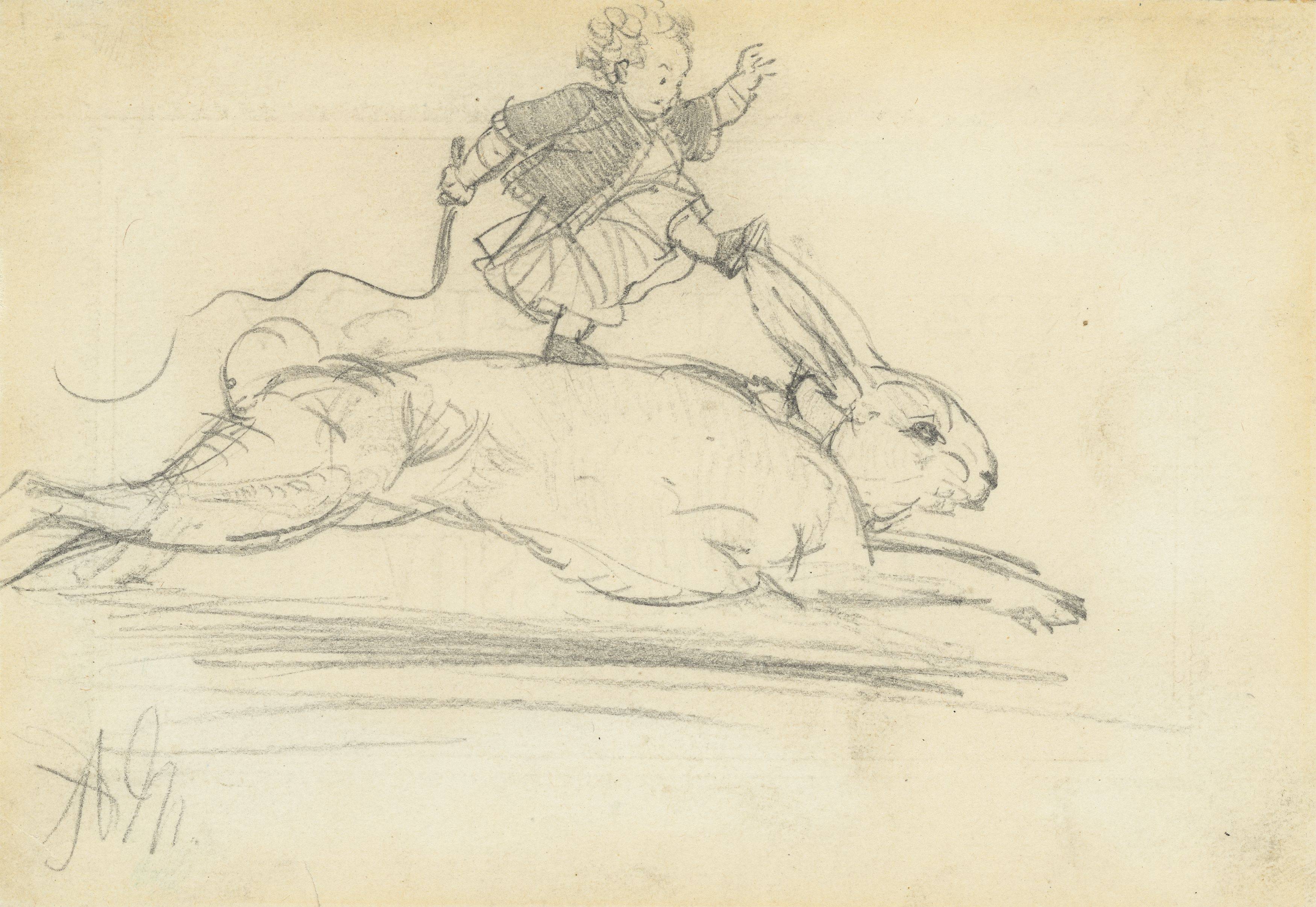 This picture shows the following artwork: Adolph Menzel. Hare Hunt (Card for the Exhibition of Adolph Menzel). (before) 1898.