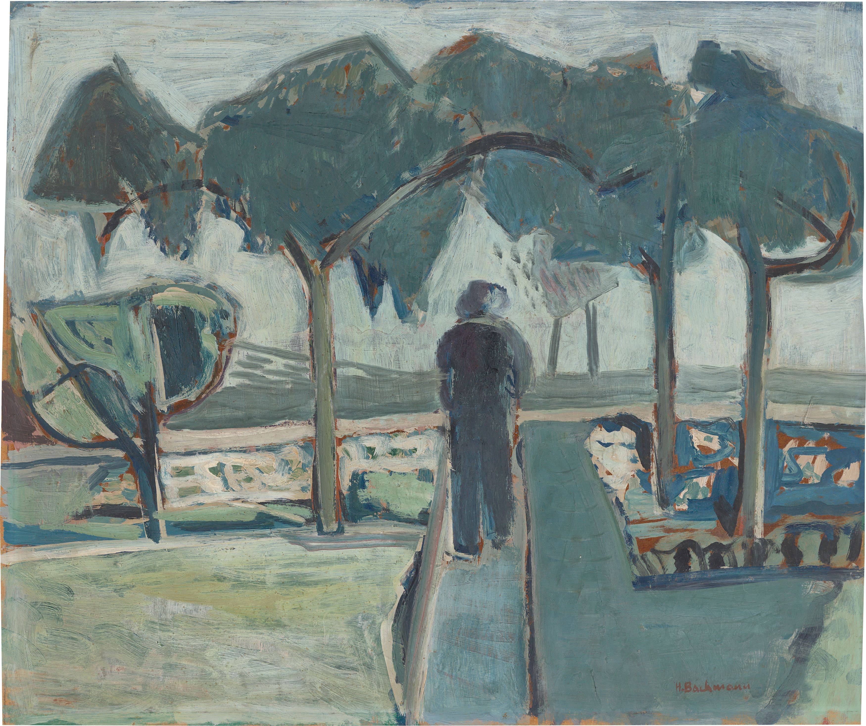 This picture shows the following artwork: Hermann Bachmann. Landscape with a figure from behind. 1950.