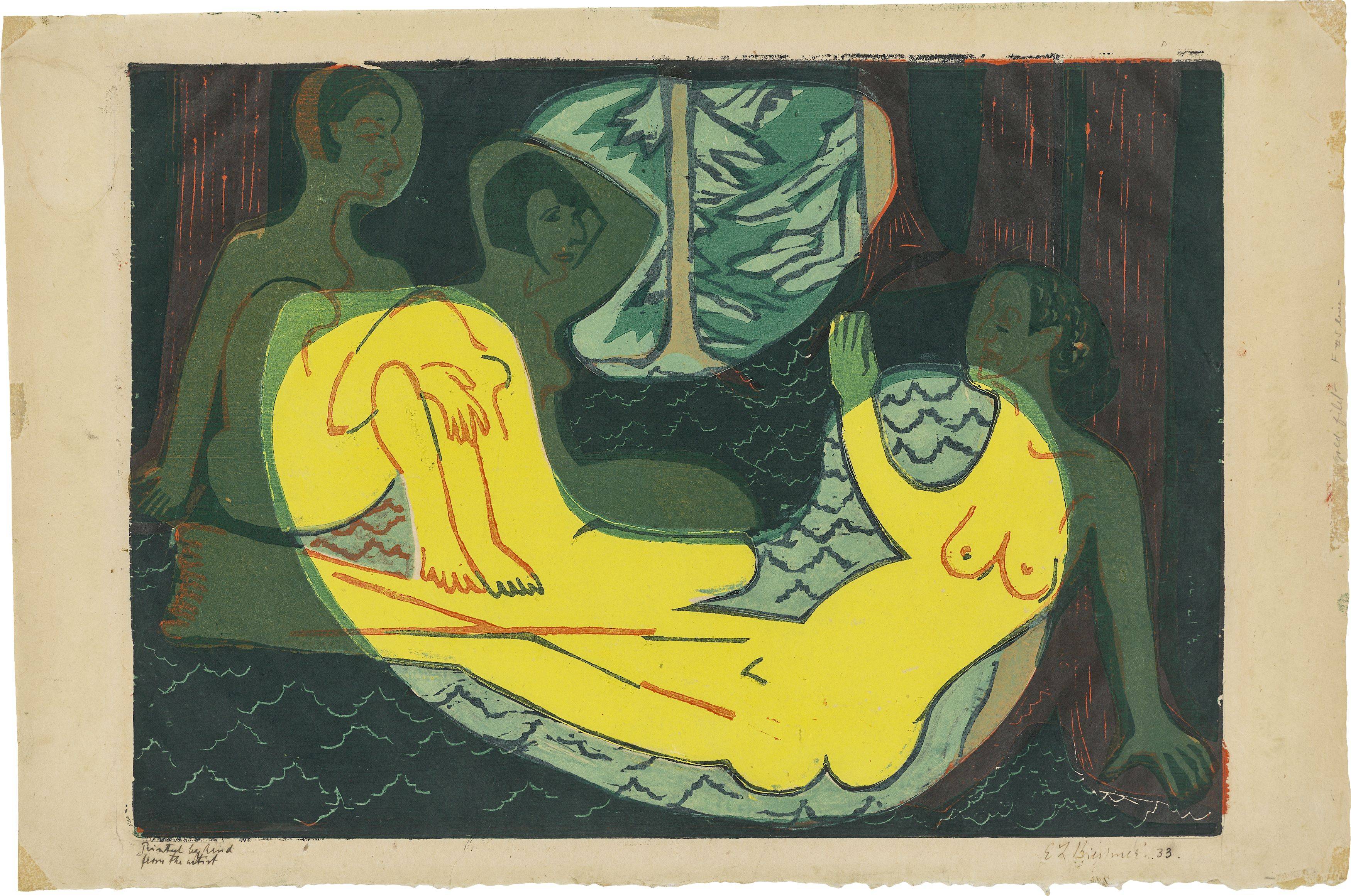 This picture shows the following artwork: Ernst Ludwig Kirchner. ”Drei Akte im Walde”. 1933.
