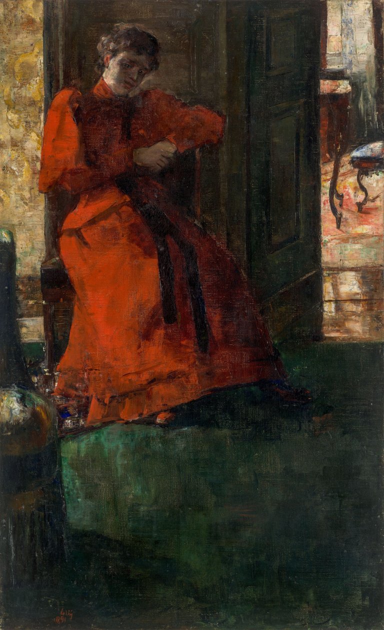 Auf diesem Bild ist das folgende Kunstwerk zu sehen: Lesser Ury. „Das rote Kleid“. 1891.