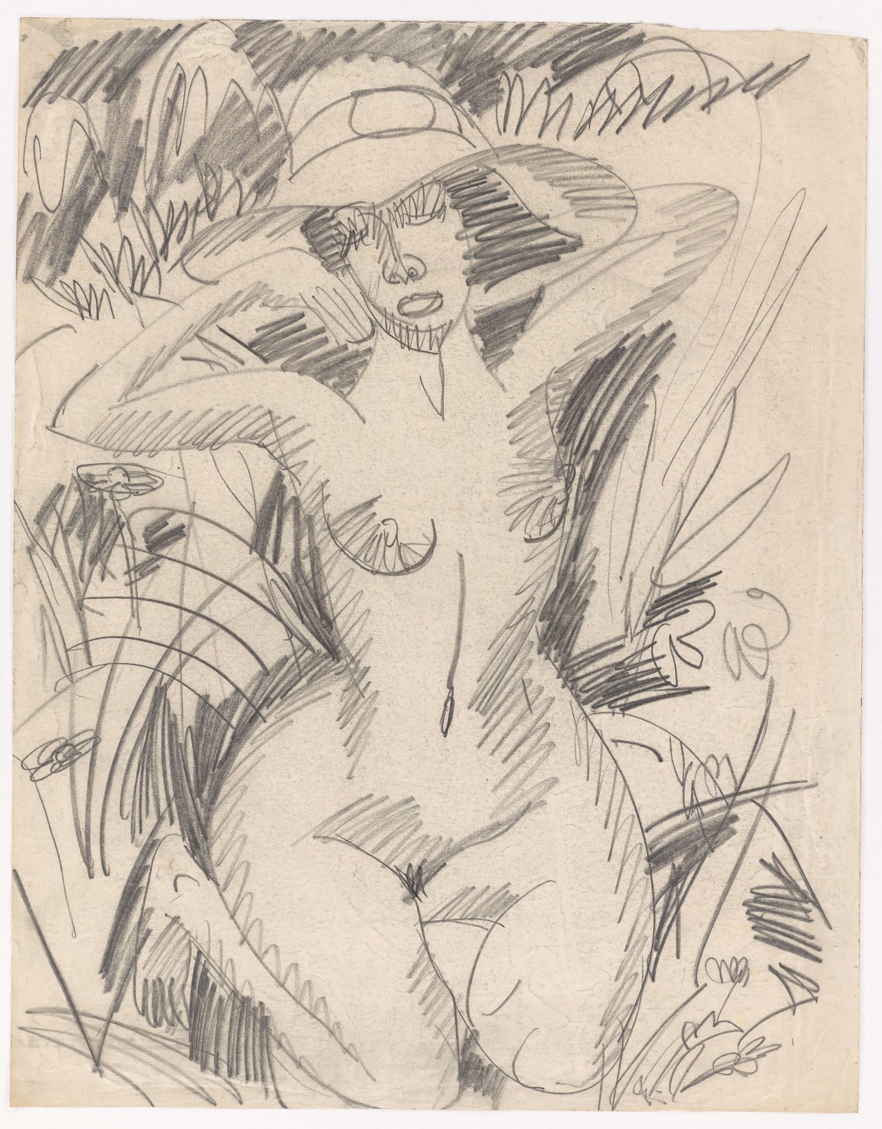 This picture shows the following artwork: Ernst Ludwig Kirchner. Kneeling female nude with hat in dunes. 1912.