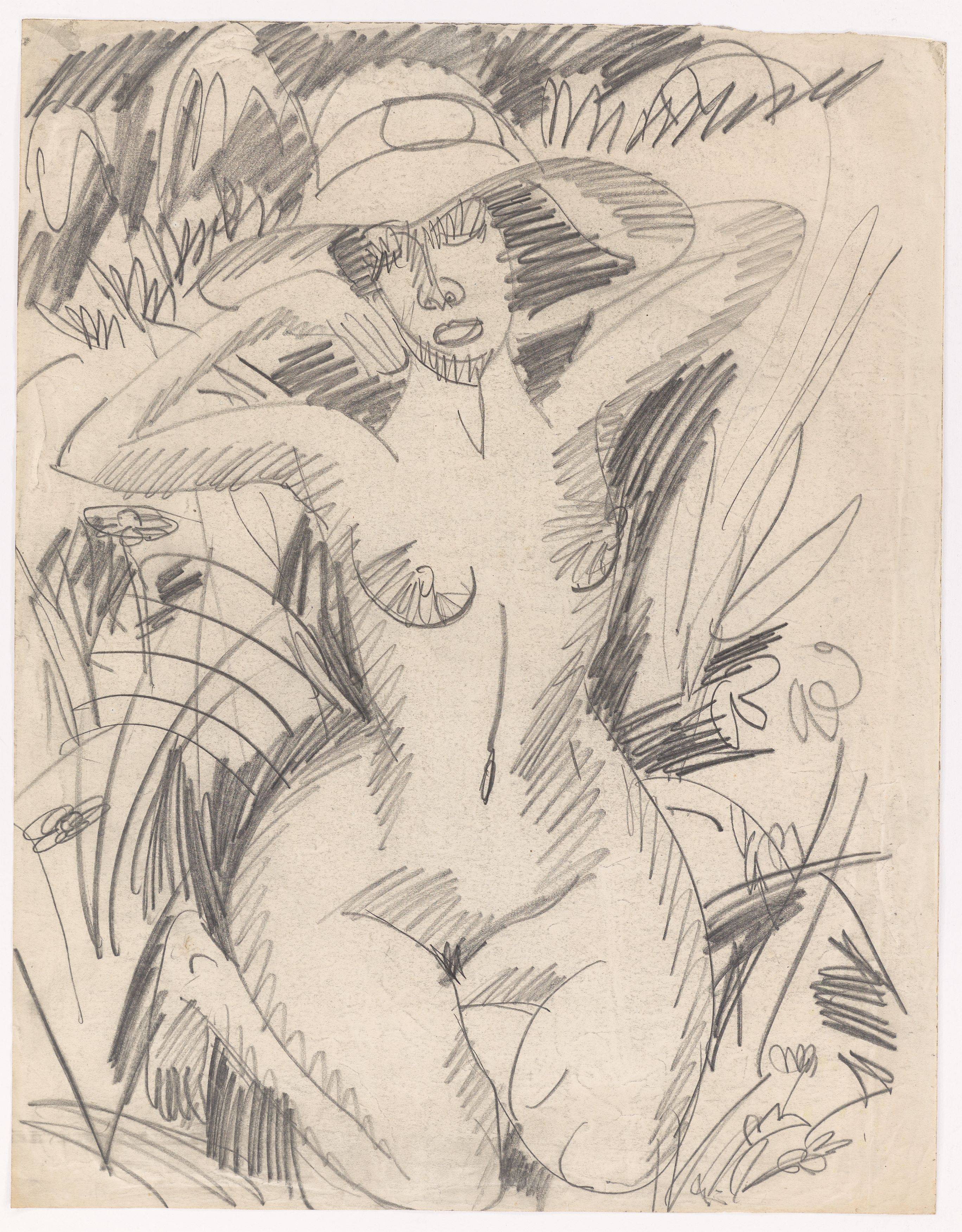 This picture shows the following artwork: Ernst Ludwig Kirchner. Kneeling female nude with hat in dunes. 1912.