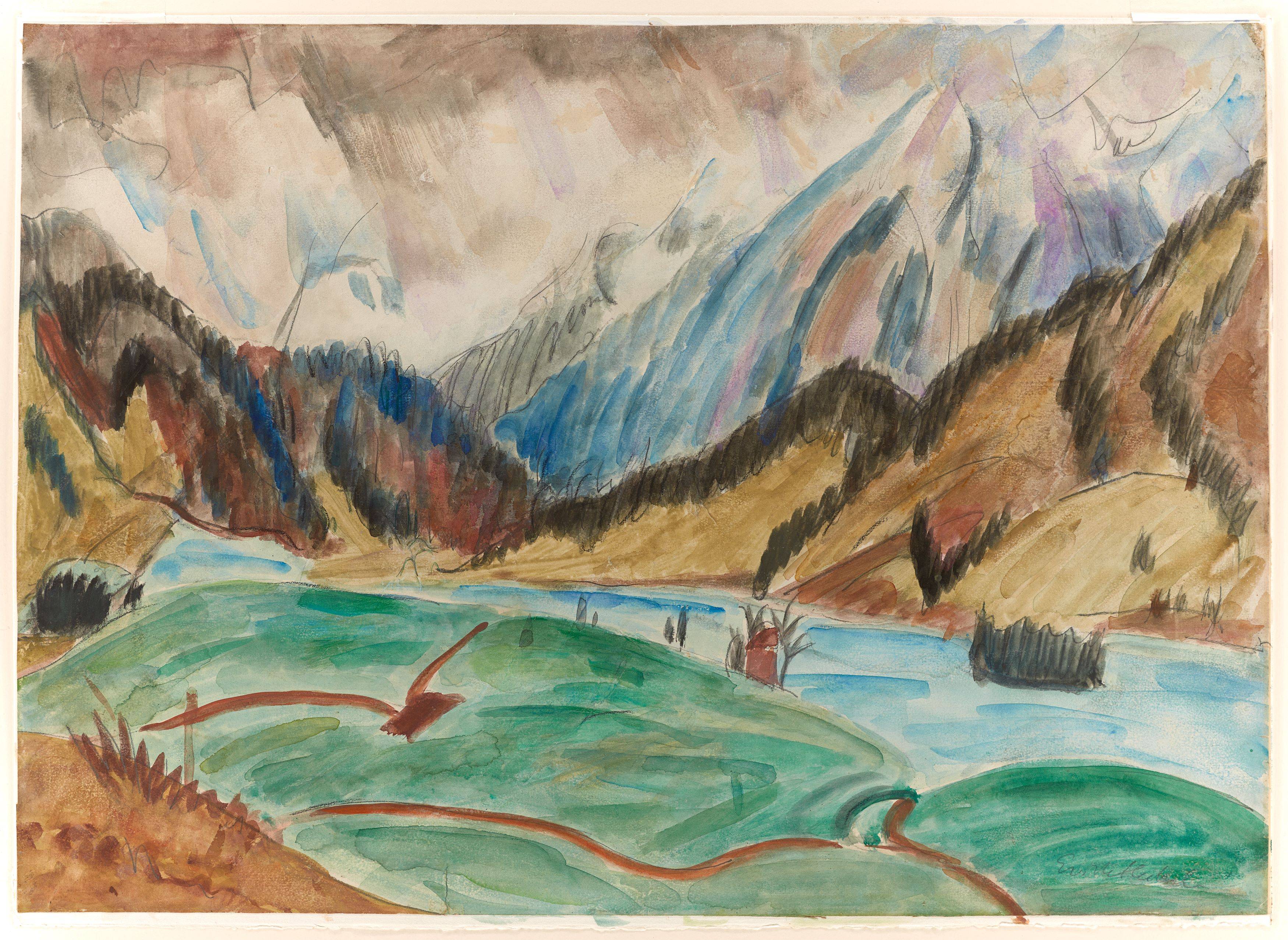 This picture shows the following artwork: Erich Heckel. River landscape. Circa 1921.