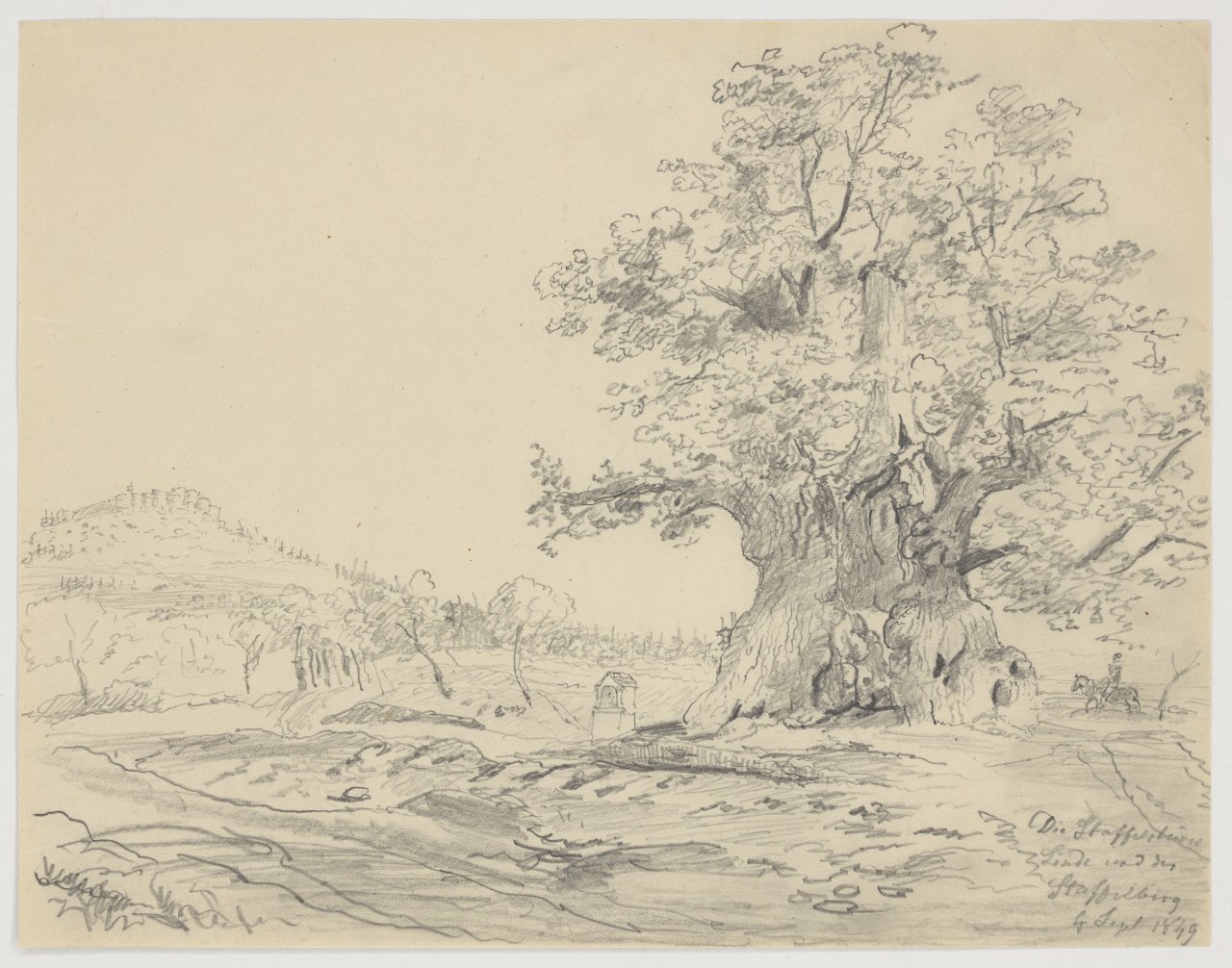 This picture shows the following artwork: Johan Christian Clausen Dahl. ”Die Staffelsteiner Linde und die Staffelburg” (The Staffelstein Linden Tree and Staffelburg Castle). 1849.
