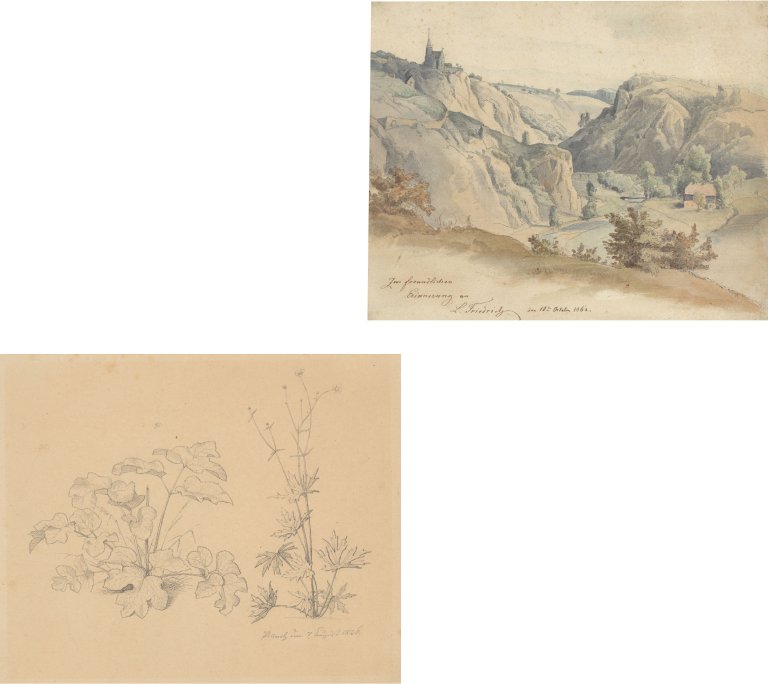 This picture shows the following artwork: German, 1862/1826. Two study drawings: Landscape study / Plant study. 1862 / 1826.