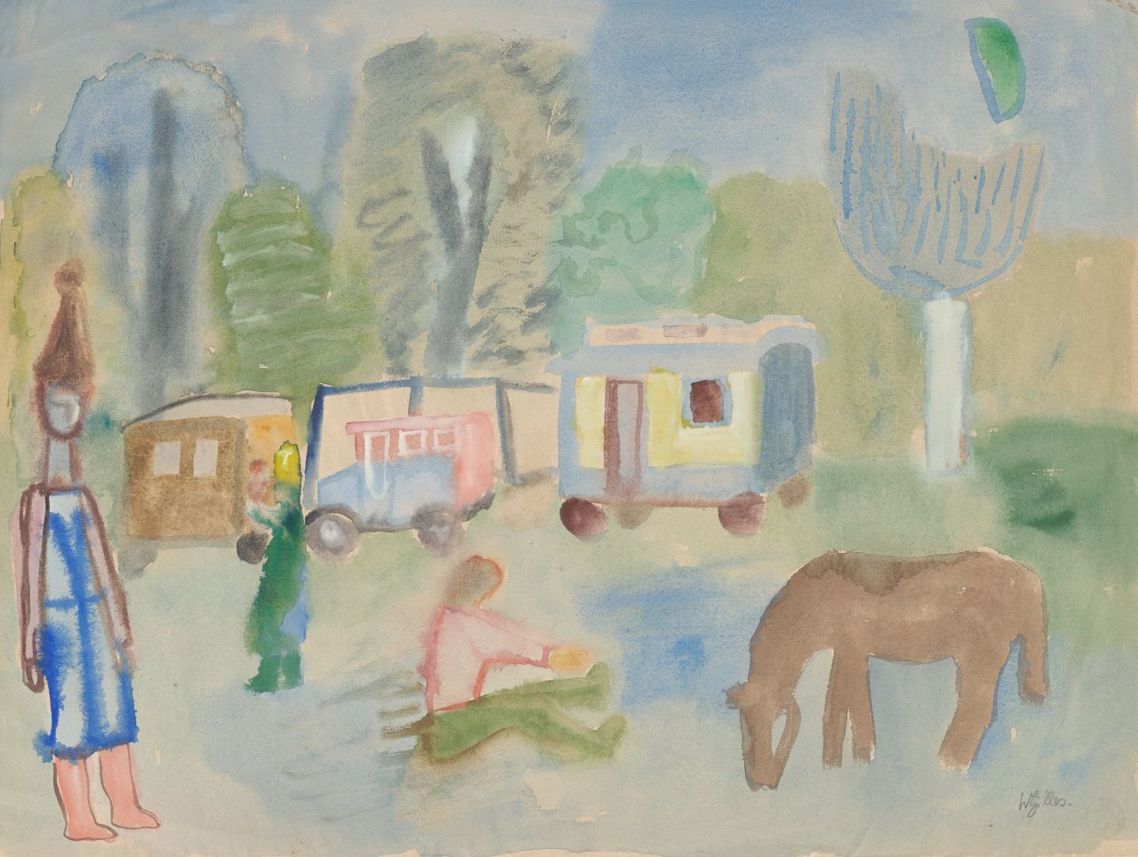 This picture shows the following artwork: Werner Gilles. Scene with circus caravan.