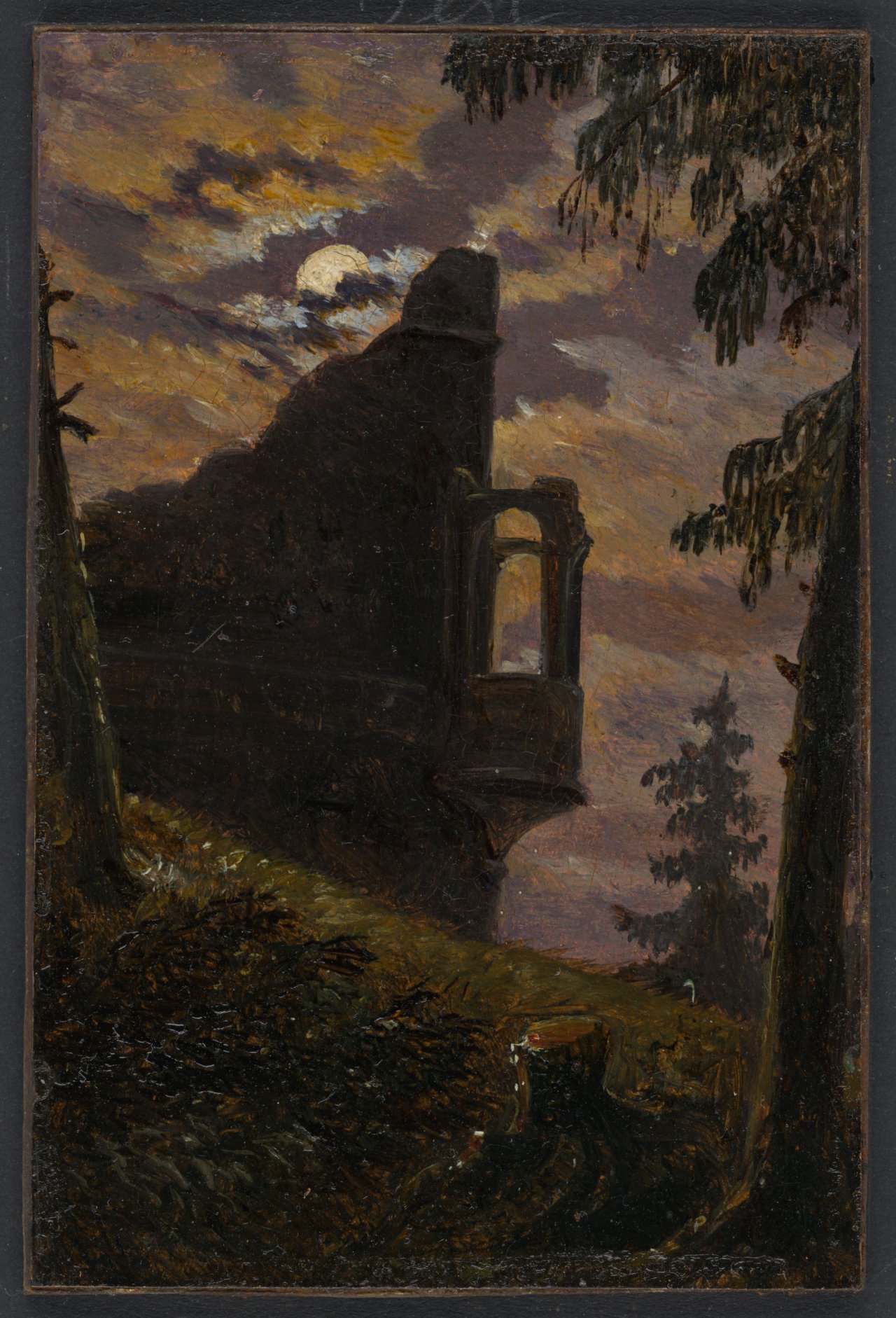 Auf diesem Bild ist das folgende Kunstwerk zu sehen: Carl Gustav Carus. „Mondschein hinter Burgruine mit Erker“.