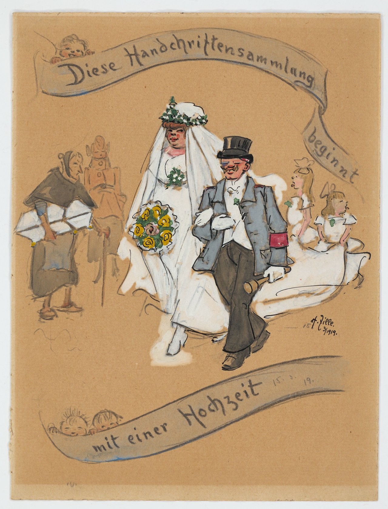 This picture shows the following artwork: Heinrich Zille. Cover for a wedding newspaper (Diese Handschriftensammlung beginnt mit einer Hochzeit). 1919.