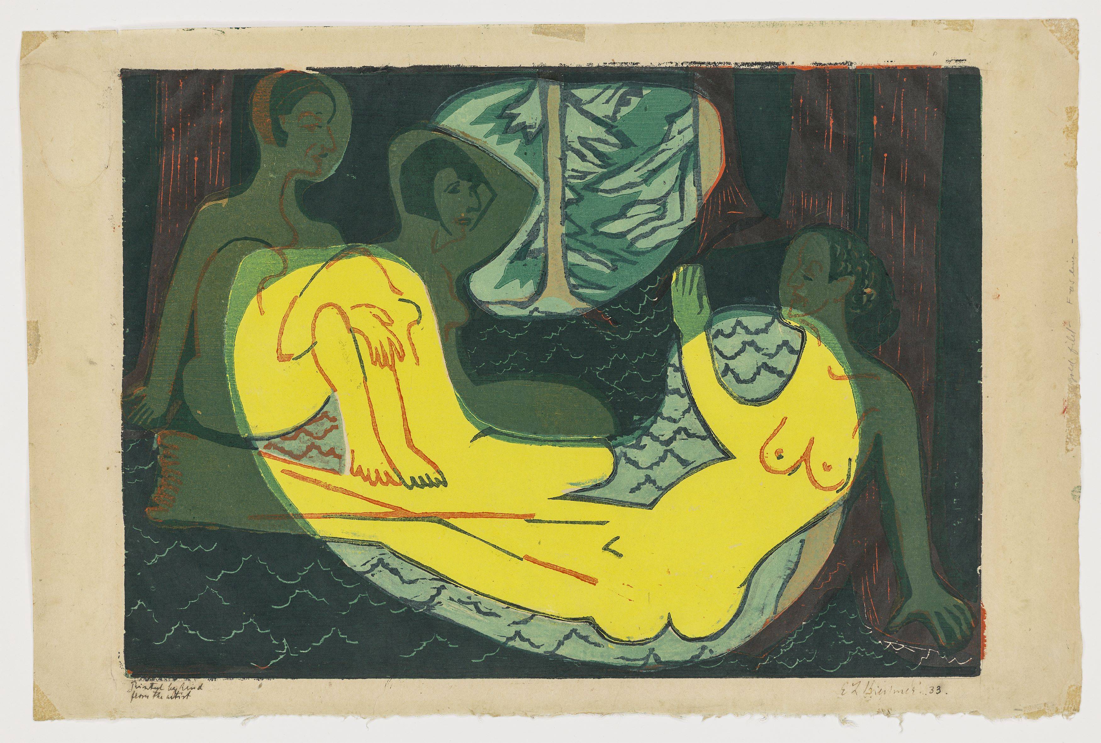 This picture shows the following artwork: Ernst Ludwig Kirchner. ”Drei Akte im Walde”. 1933.