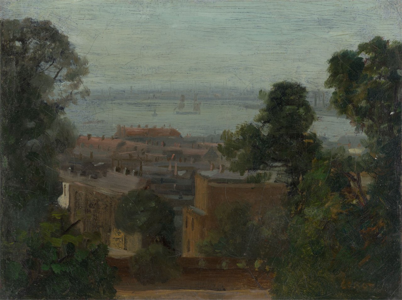 Auf diesem Bild ist das folgende Kunstwerk zu sehen:  Französisch, um 1840/60. Blick auf Le Havre.