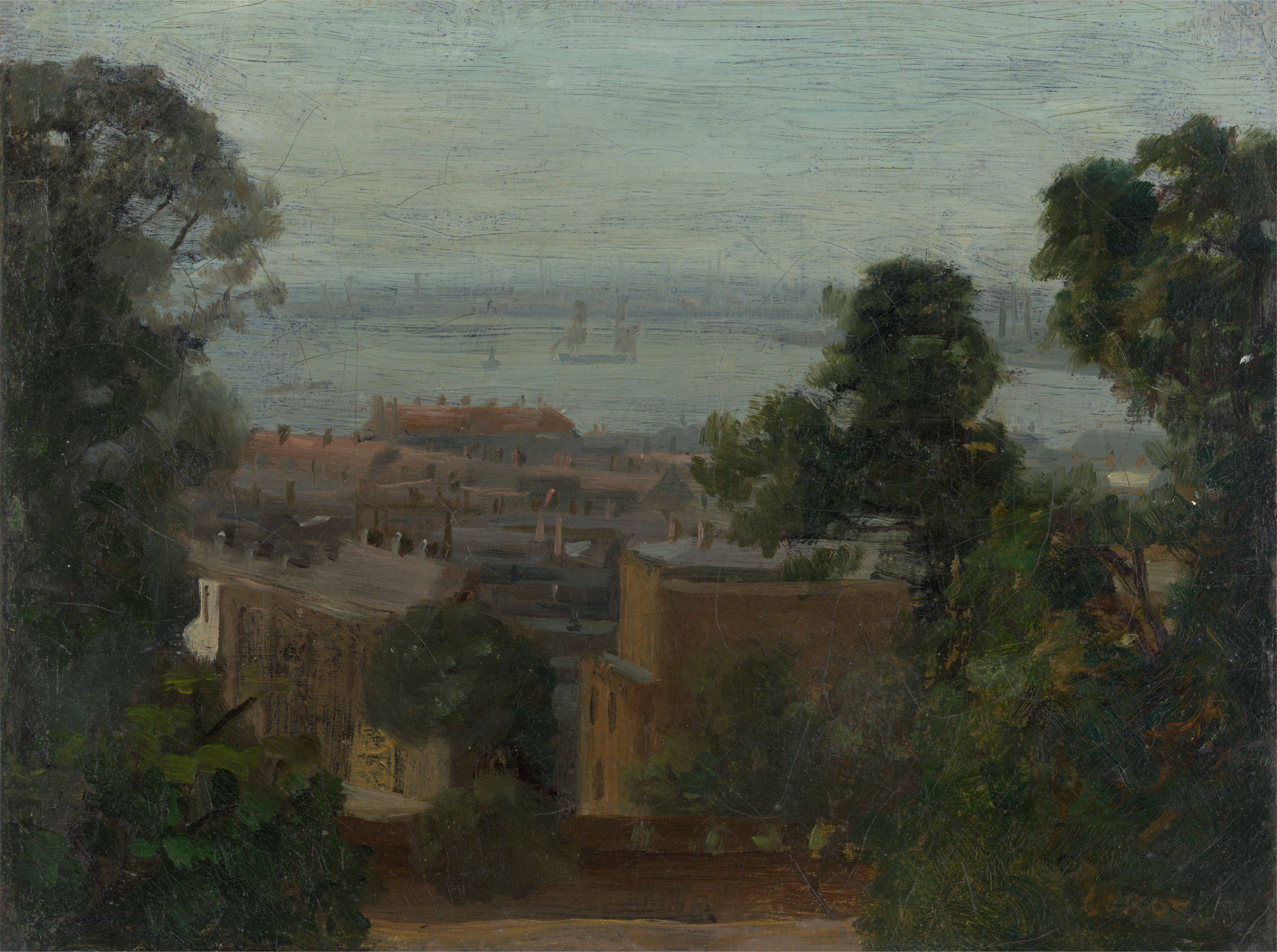 Auf diesem Bild ist das folgende Kunstwerk zu sehen:  Französisch, um 1840/60. Blick auf Le Havre.