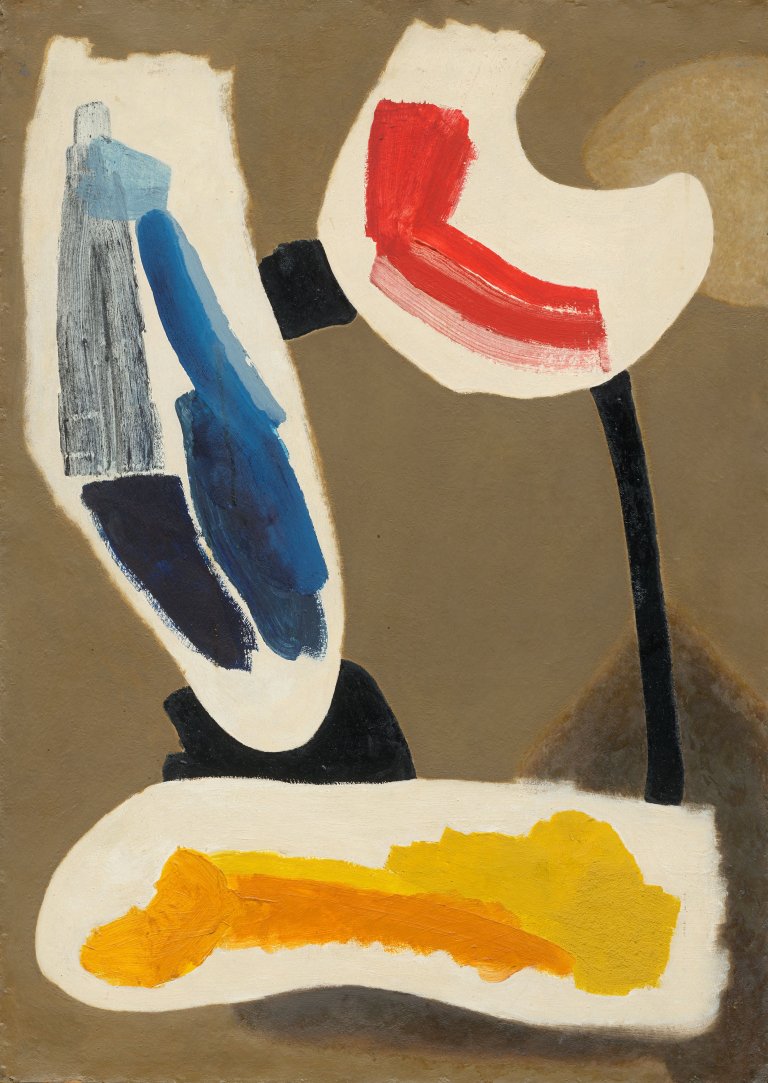 Auf diesem Bild ist das folgende Kunstwerk zu sehen: Carl Buchheister. „Komposition Be-er-ge (=b-lau, r-ot. g-elb)“. 1953.