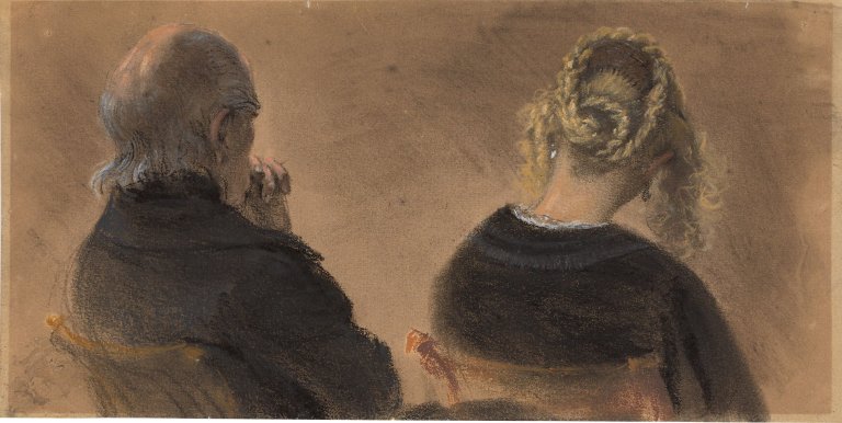 This picture shows the following artwork: Adolph Menzel. Older man and young woman seated, seen from behind in half-length portrait. Circa 1850.