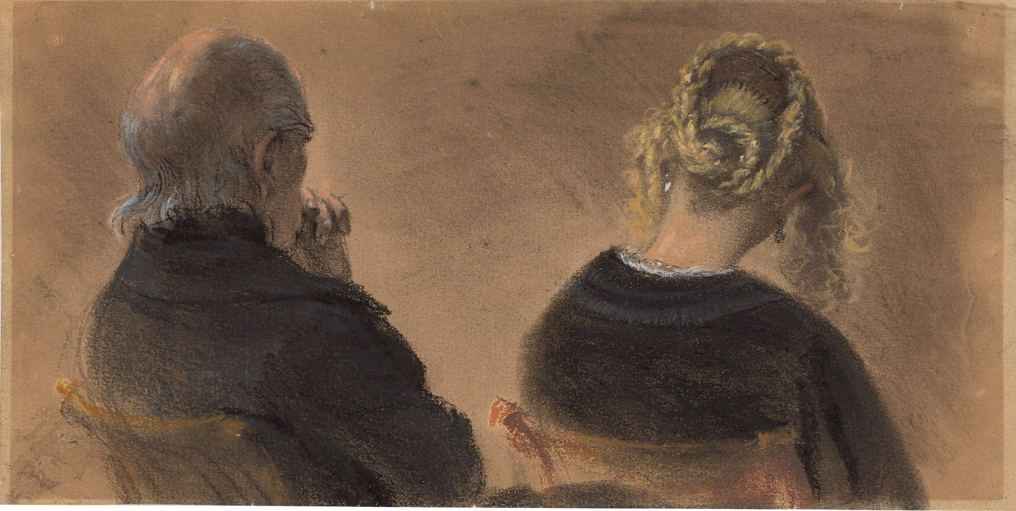 This picture shows the following artwork: Adolph Menzel. Older man and young woman seated, seen from behind in half-length portrait. Circa 1850.