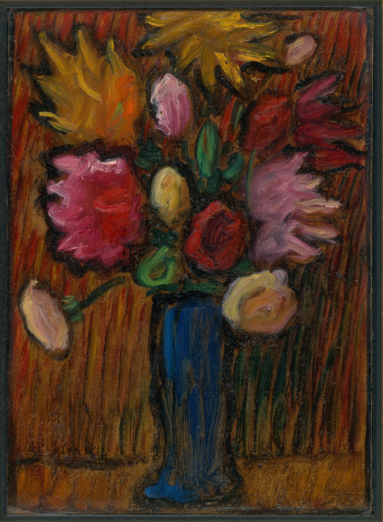 Auf diesem Bild ist das folgende Kunstwerk zu sehen: Alexej von Jawlensky. „Blumen in blauer Vase (Rosenstrauss)“. 1936.