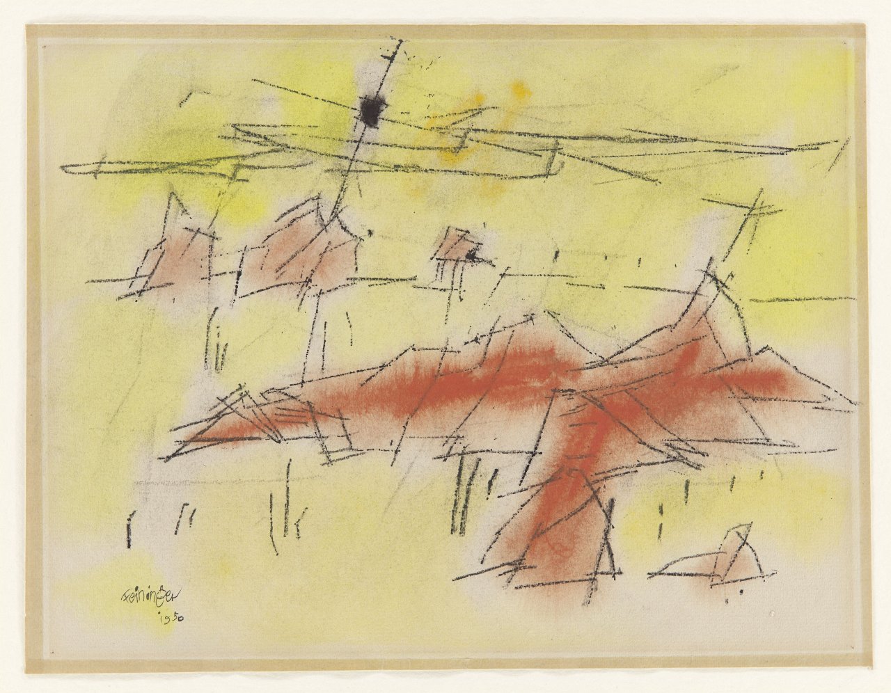 Auf diesem Bild ist das folgende Kunstwerk zu sehen: Lyonel Feininger. „composition in red, yellow and black“. 1950.