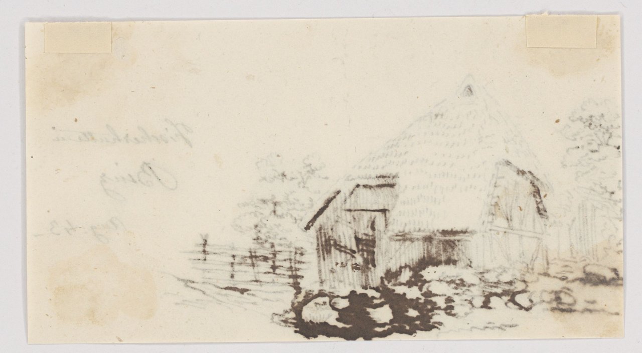 This picture shows the following artwork: Johan Christian Clausen Dahl. Two study drawings: Fishing boat mooring near Bergen / Fishing hut in Binz. 1843.