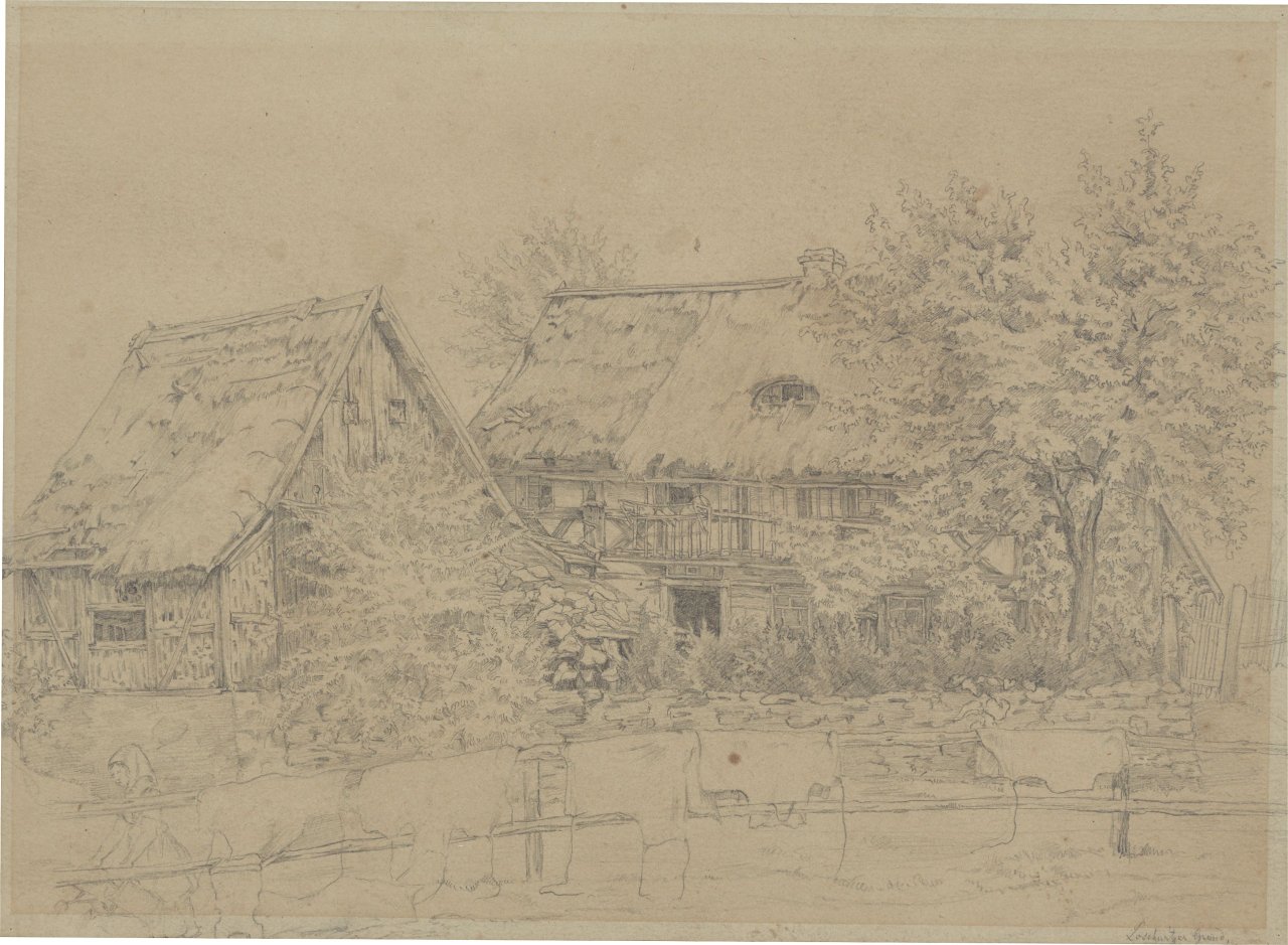 This picture shows the following artwork:  German, circa 1870. Two study drawings: Loschwitzer Grund / Village church. No year / 1871.
