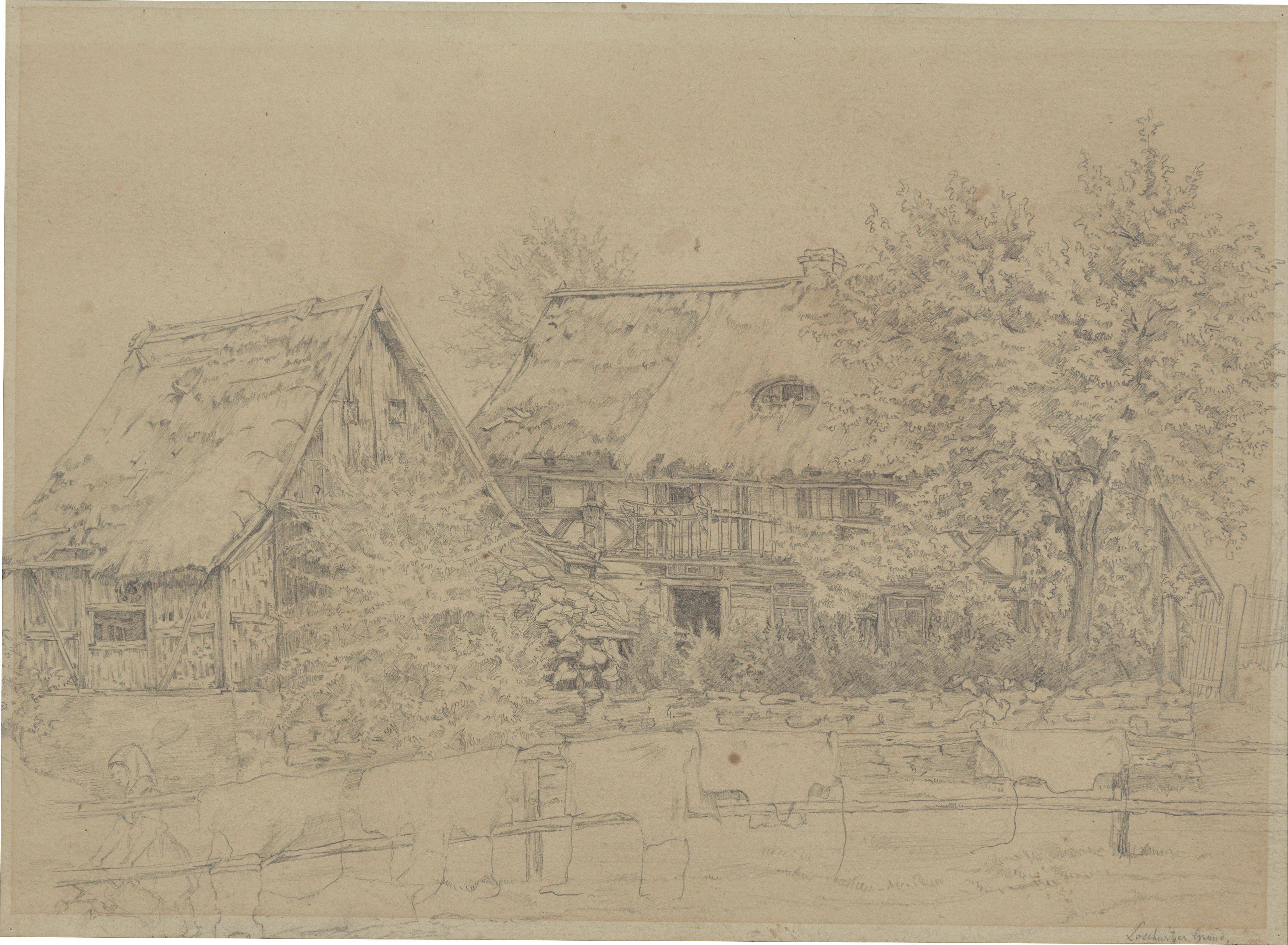This picture shows the following artwork:  German, circa 1870. Two study drawings: Loschwitzer Grund / Village church. No year / 1871.
