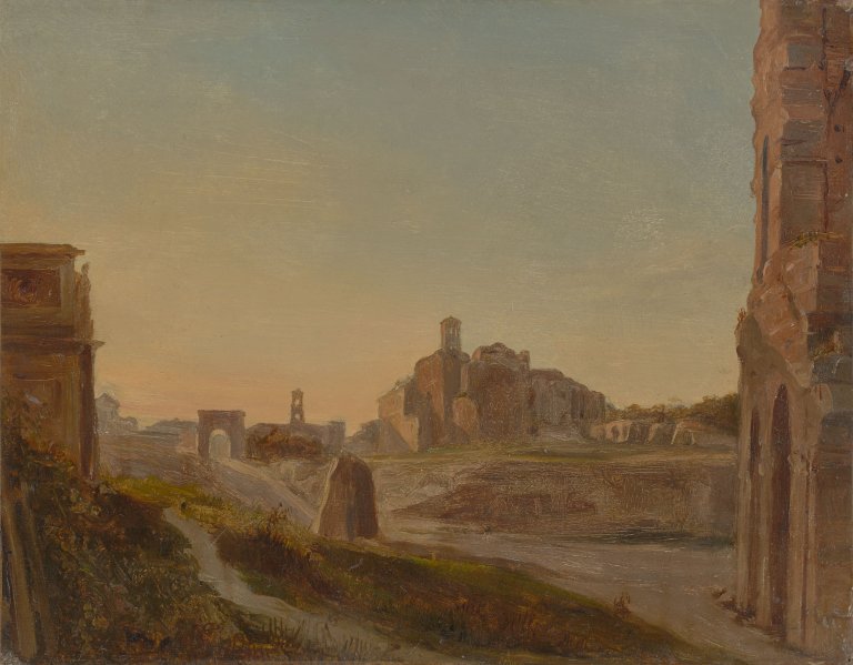 This picture shows the following artwork: German (?), circa 1840. Roman ruins in the evening light (Forum Romanum).