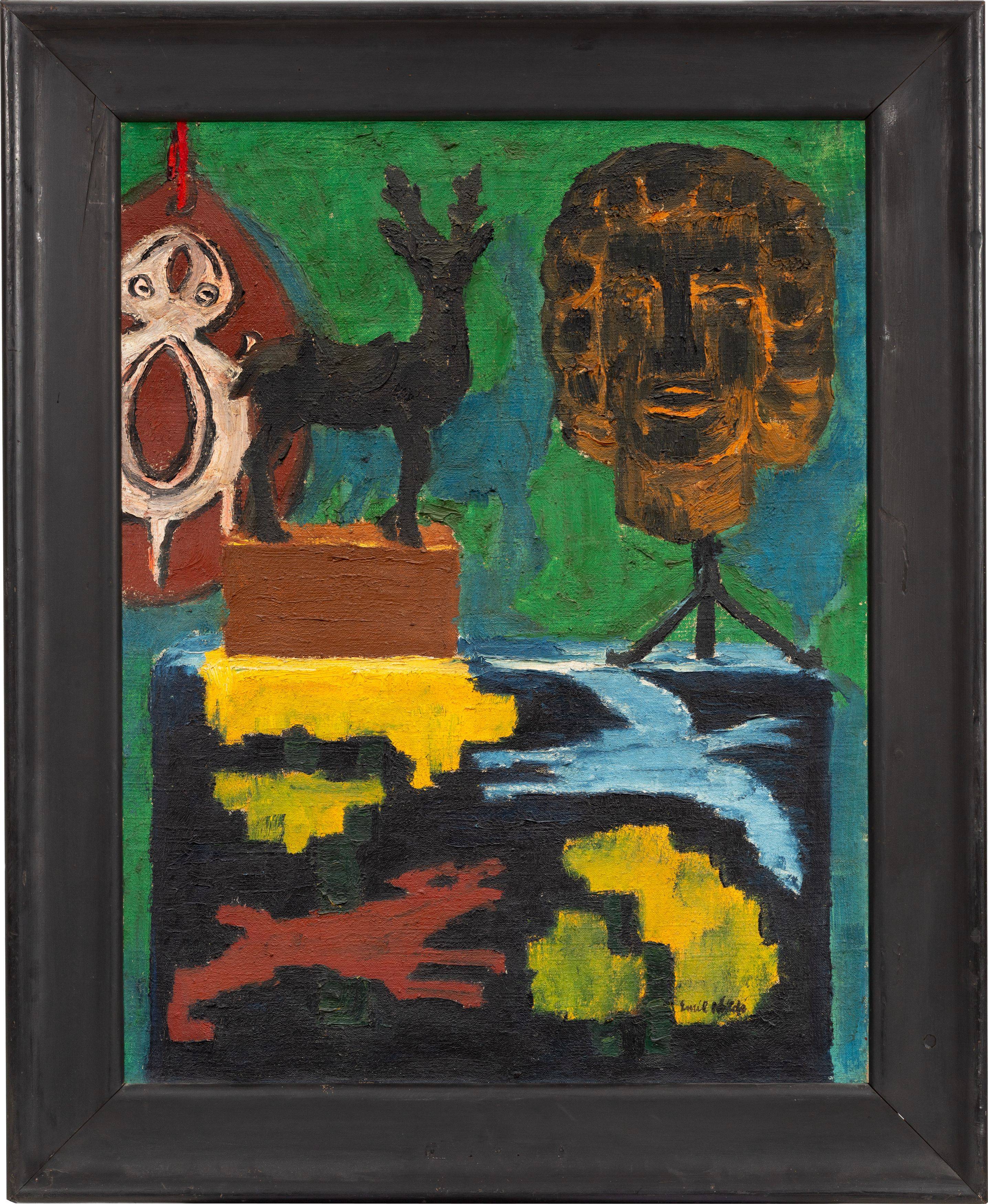 This picture shows the following artwork: Emil Nolde. ”Stilleben P (Grüner Hintergrund, Hirsch, Kopf)”. 1915.