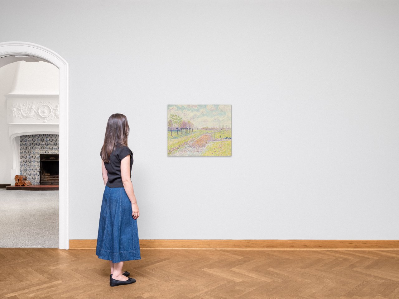 Auf diesem Bild ist das folgende Kunstwerk zu sehen: Paul Baum. „Kopfweidenreihe an sonnigen Frühlingswiesen mit schilfgrasdurchwachsenem Bach“ („Frühlingslandschaft mit Wasserlauf“). Um 1906.