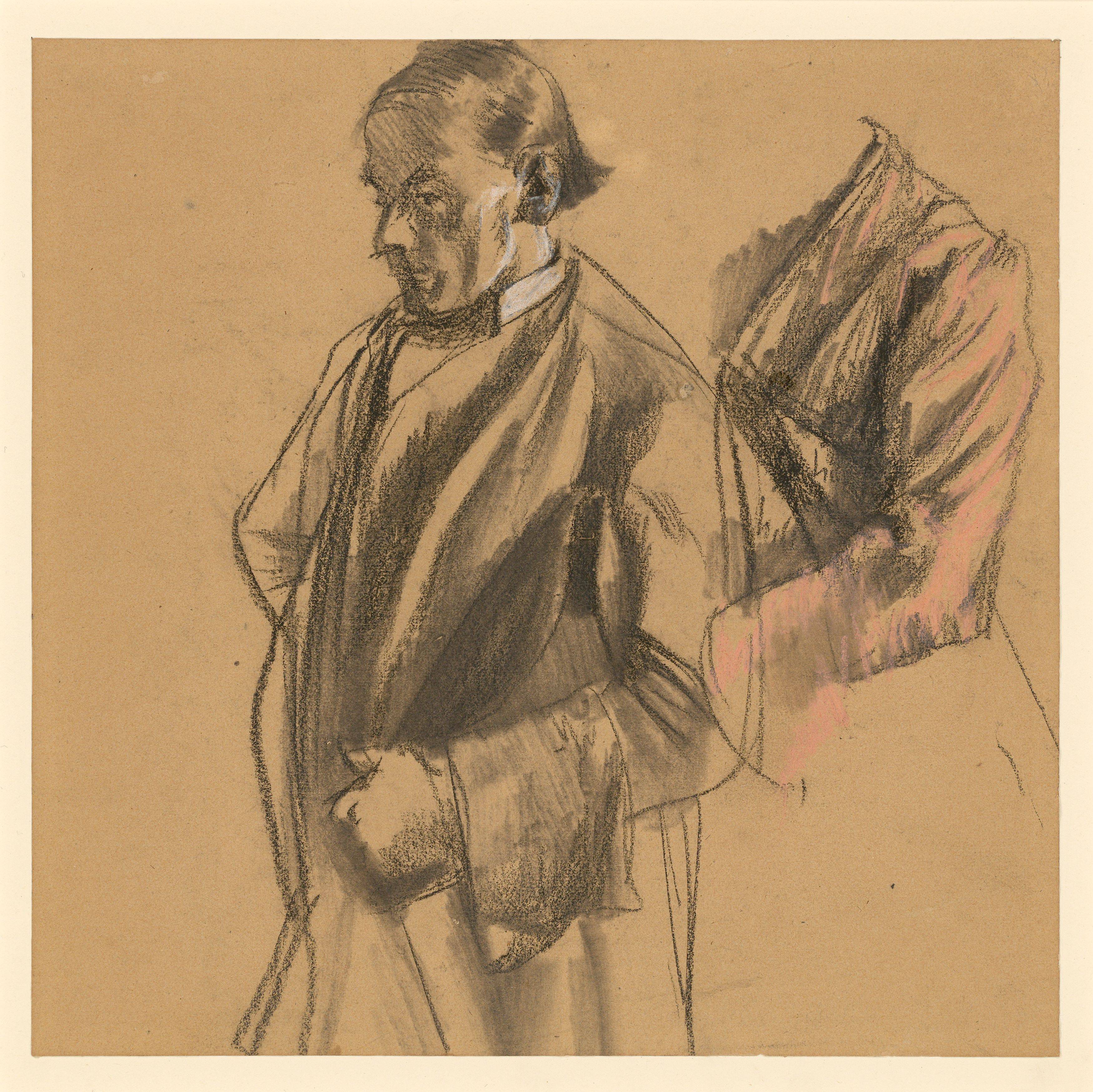 This picture shows the following artwork: Adolph Menzel. Middle-aged Man with a Hat, facing left, and a Costume Study.