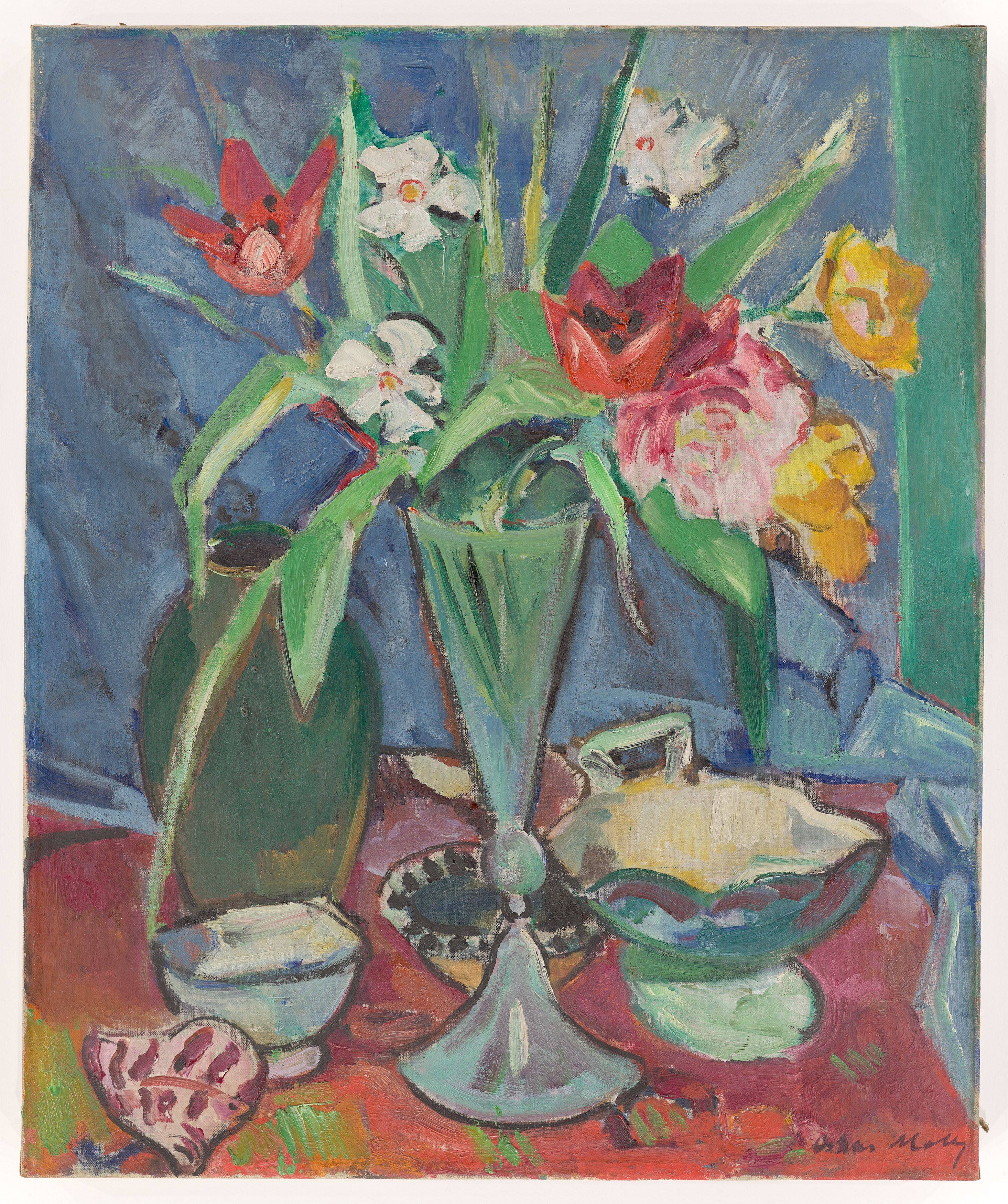 This picture shows the following artwork: Oskar Moll. ”Tulpen und Narzissen (,Blumenstilleben')”. Circa 1918.