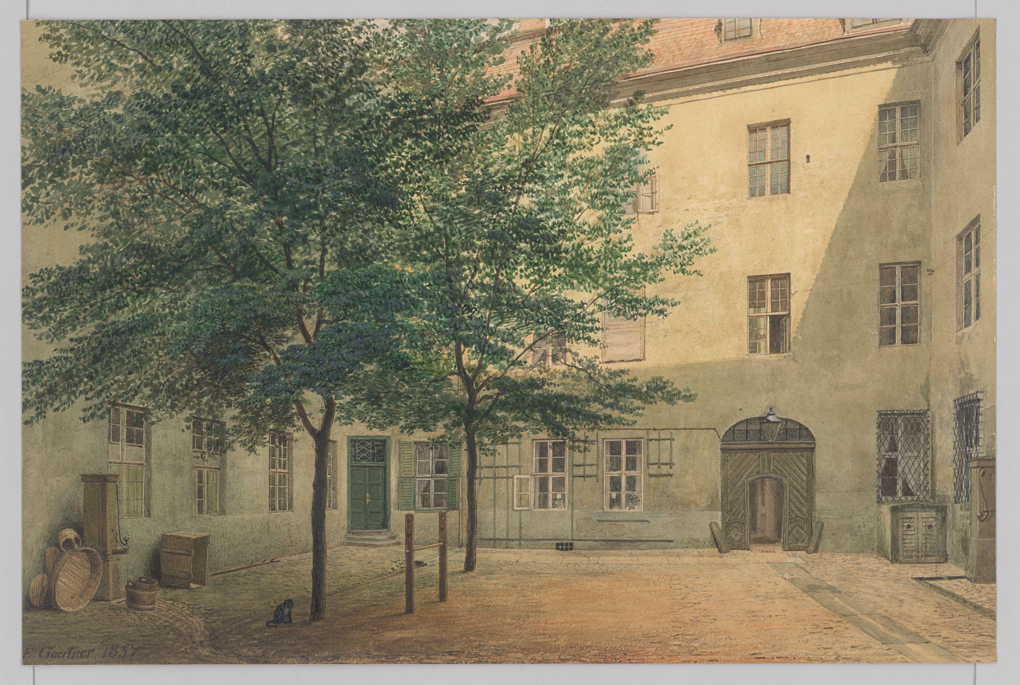 This picture shows the following artwork: Eduard Gaertner. ”Hof des Joachimsthalschen Gymnasiums” (Berlin). 1857.