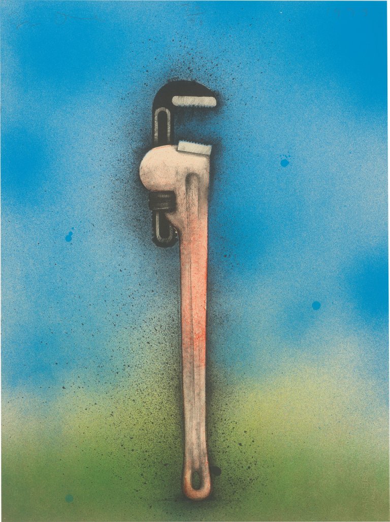 This picture shows the following artwork: Jim Dine. ”Big red wrench in a landscape”. 1973.