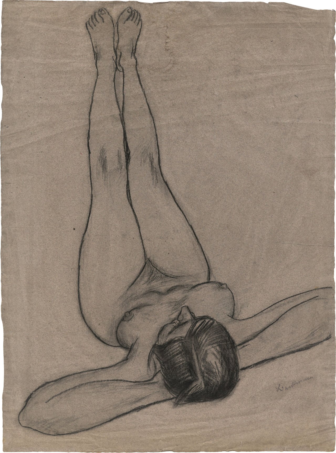 This picture shows the following artwork: Max Beckmann. ”Auf dem Rücken liegender weiblicher Akt mit nach oben gestreckten Beinen (Betty?)”. Presumably circa 1927.
