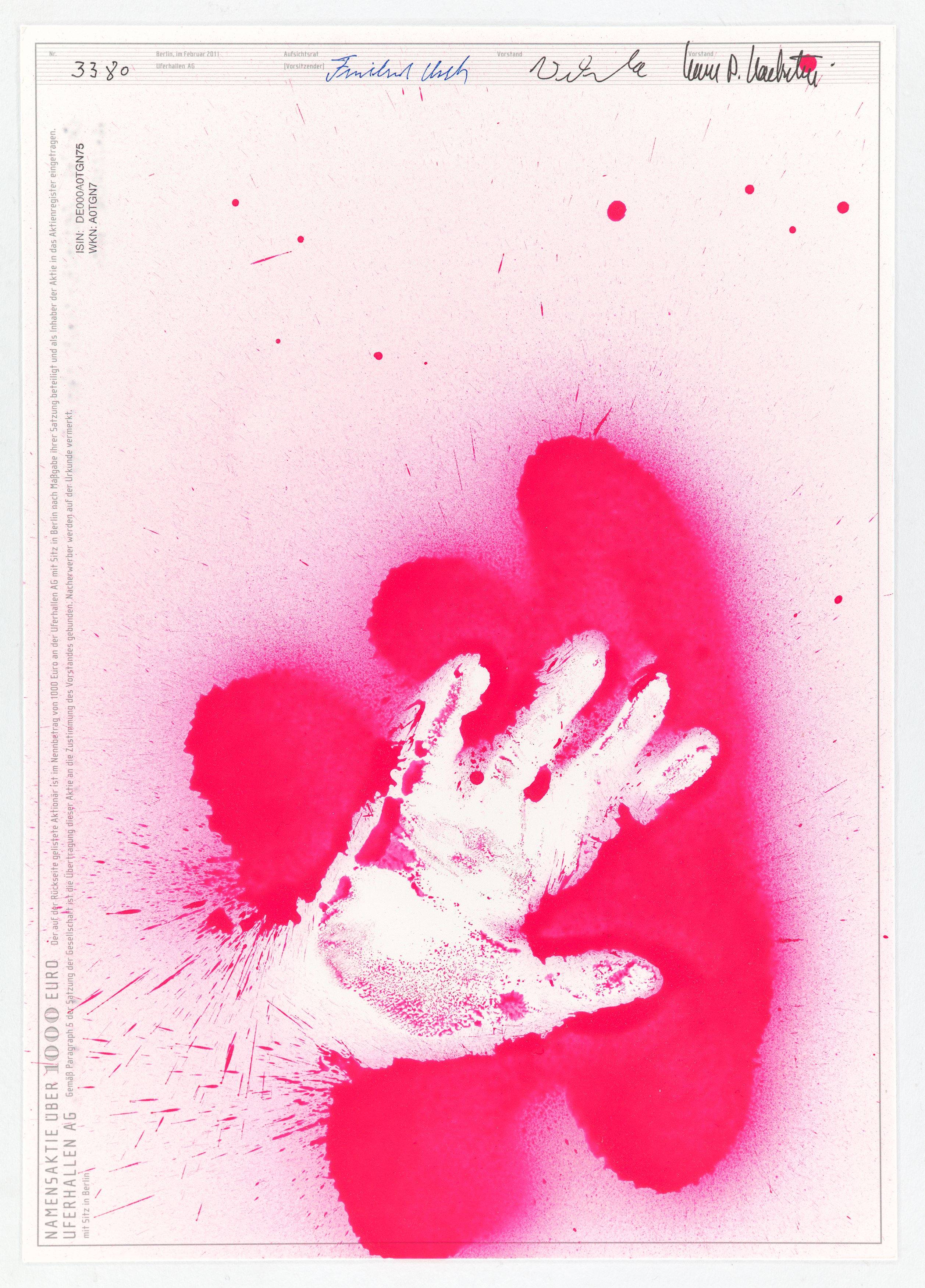 This picture shows the following artwork: Katharina Grosse. Drei Kunstaktien der UferHallen AG. 2011.