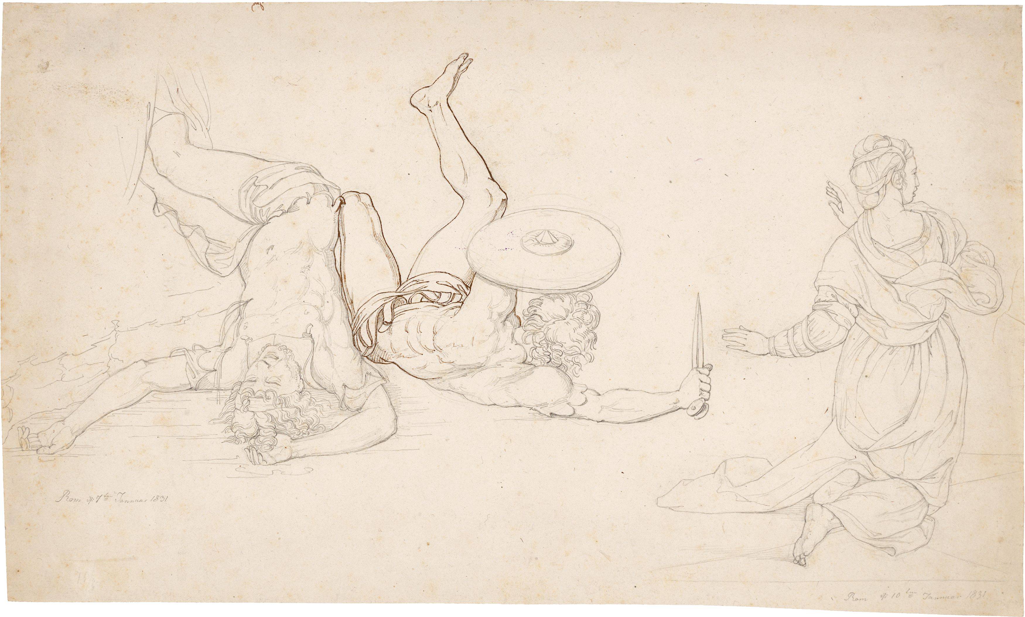 This picture shows the following artwork: Peter von Cornelius. Two fallen warriors, kneeling woman. 1831.