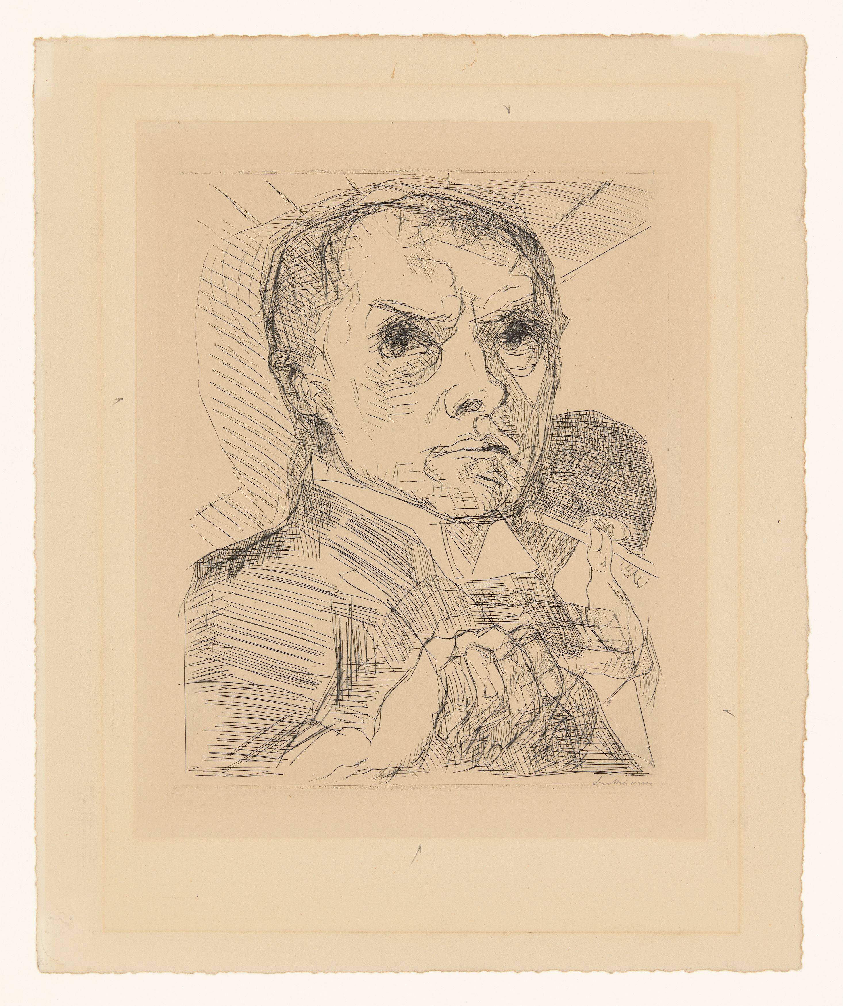 Auf diesem Bild ist das folgende Kunstwerk zu sehen: Max Beckmann. „Selbstbildnis mit Griffel“. Um 1916.