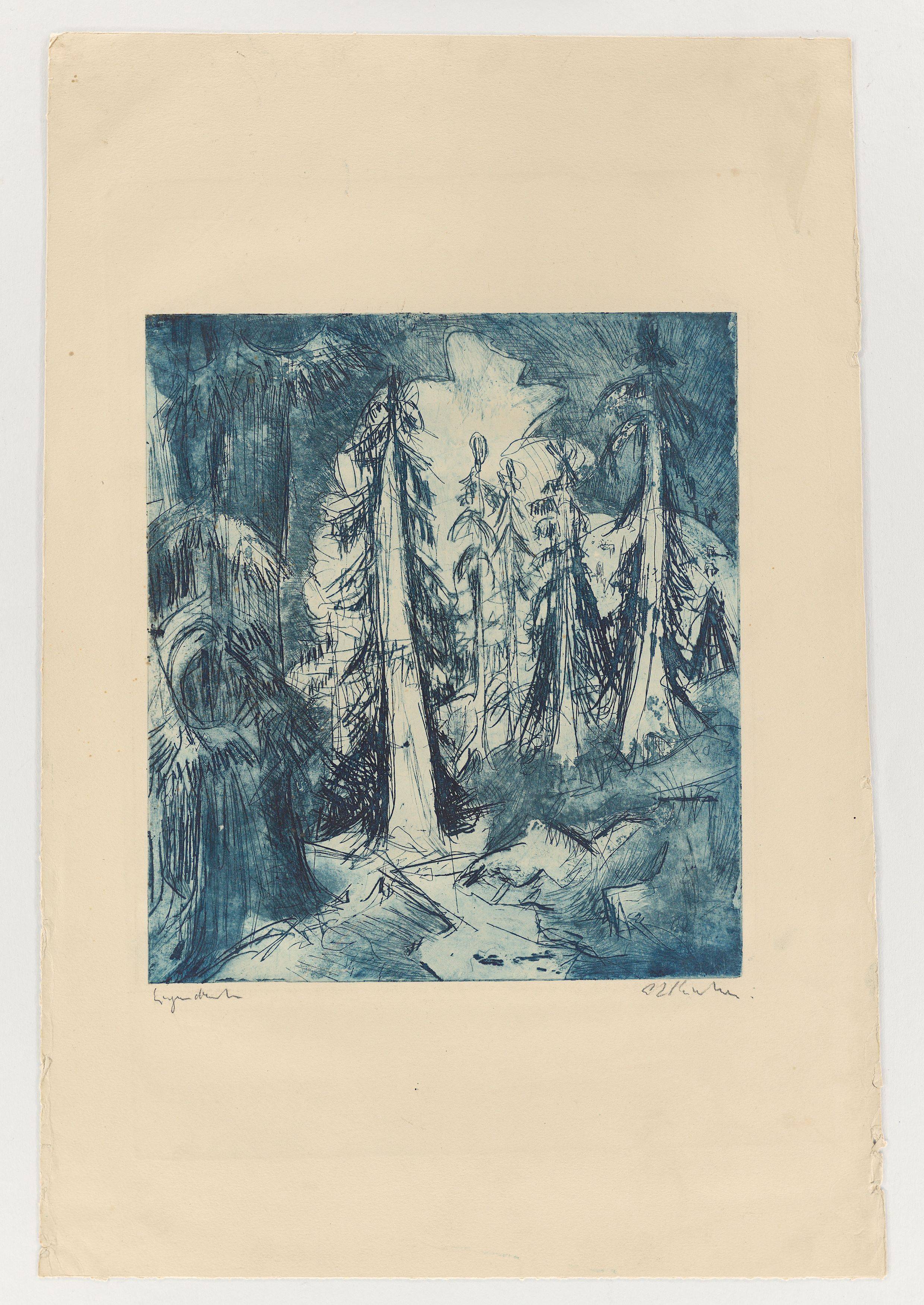 Auf diesem Bild ist das folgende Kunstwerk zu sehen: Ernst Ludwig Kirchner. „Alpenweg mit Wettertannen“. 1919.