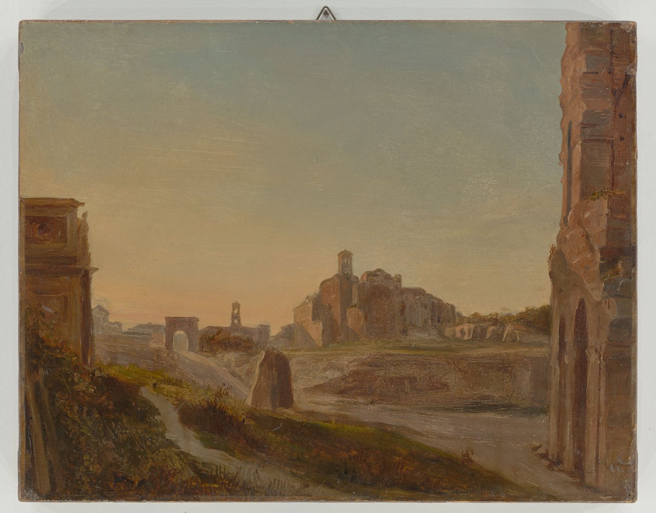 This picture shows the following artwork:  German (?), circa 1840. Roman ruins in the evening light (Forum Romanum).