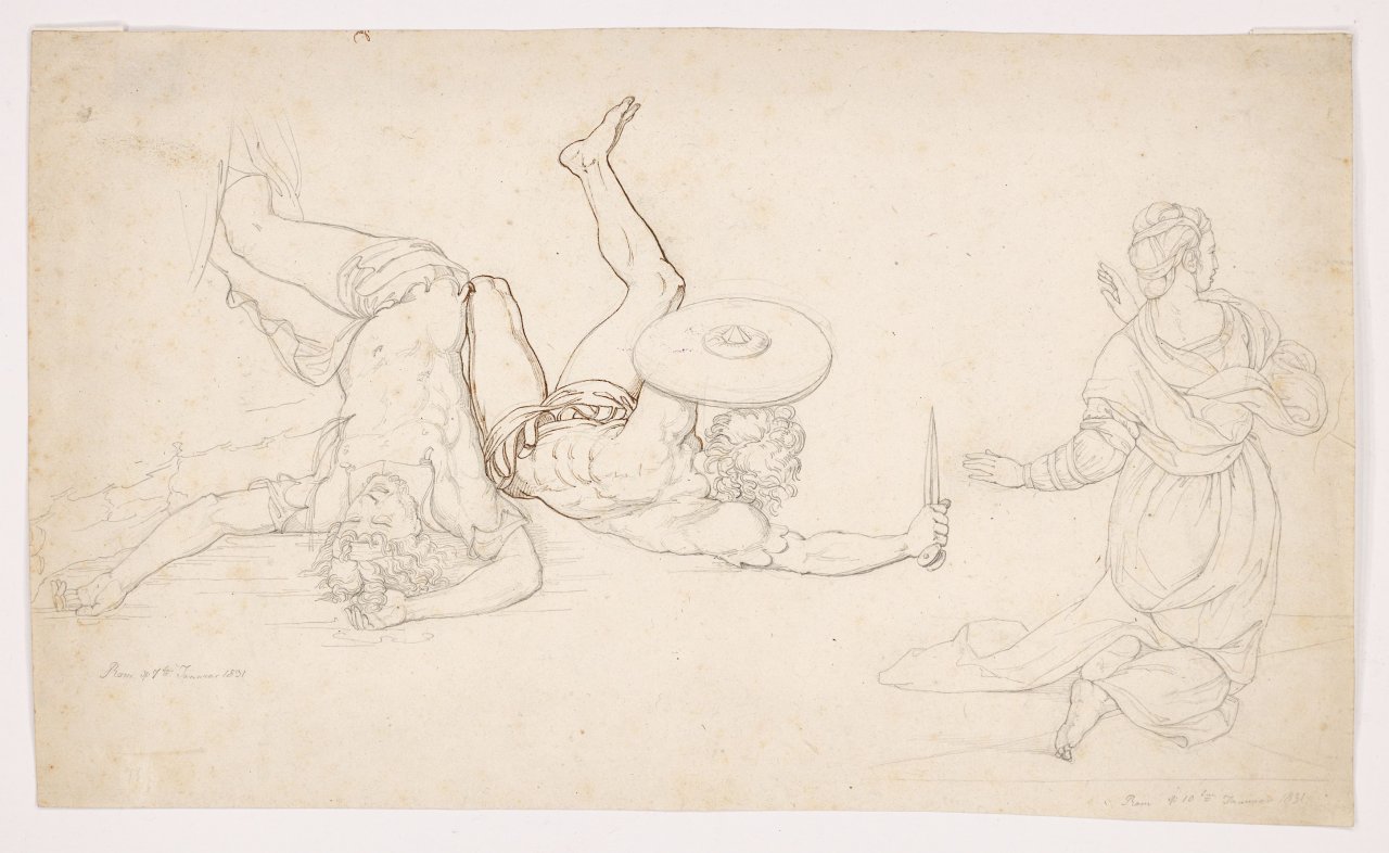 This picture shows the following artwork: Peter von Cornelius. Two fallen warriors, kneeling woman. 1831.