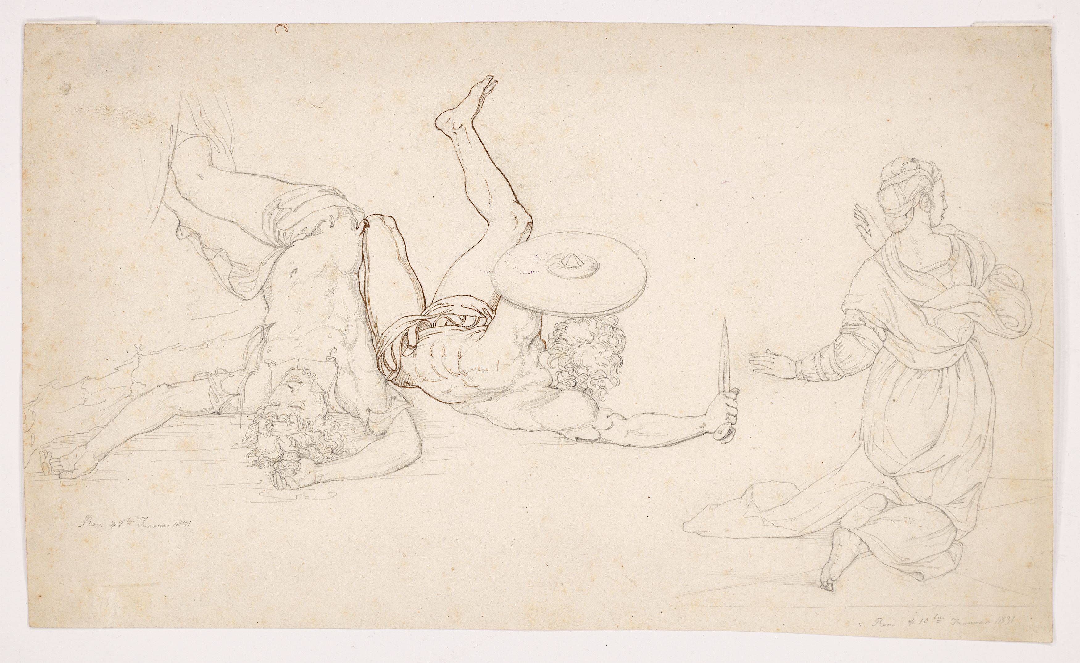 This picture shows the following artwork: Peter von Cornelius. Two fallen warriors, kneeling woman. 1831.