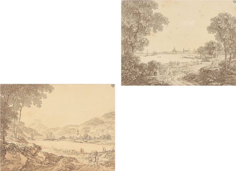 This picture shows the following artwork: Adrian Zingg. View of Dresden with people walking / Landscape with river course and country folk.