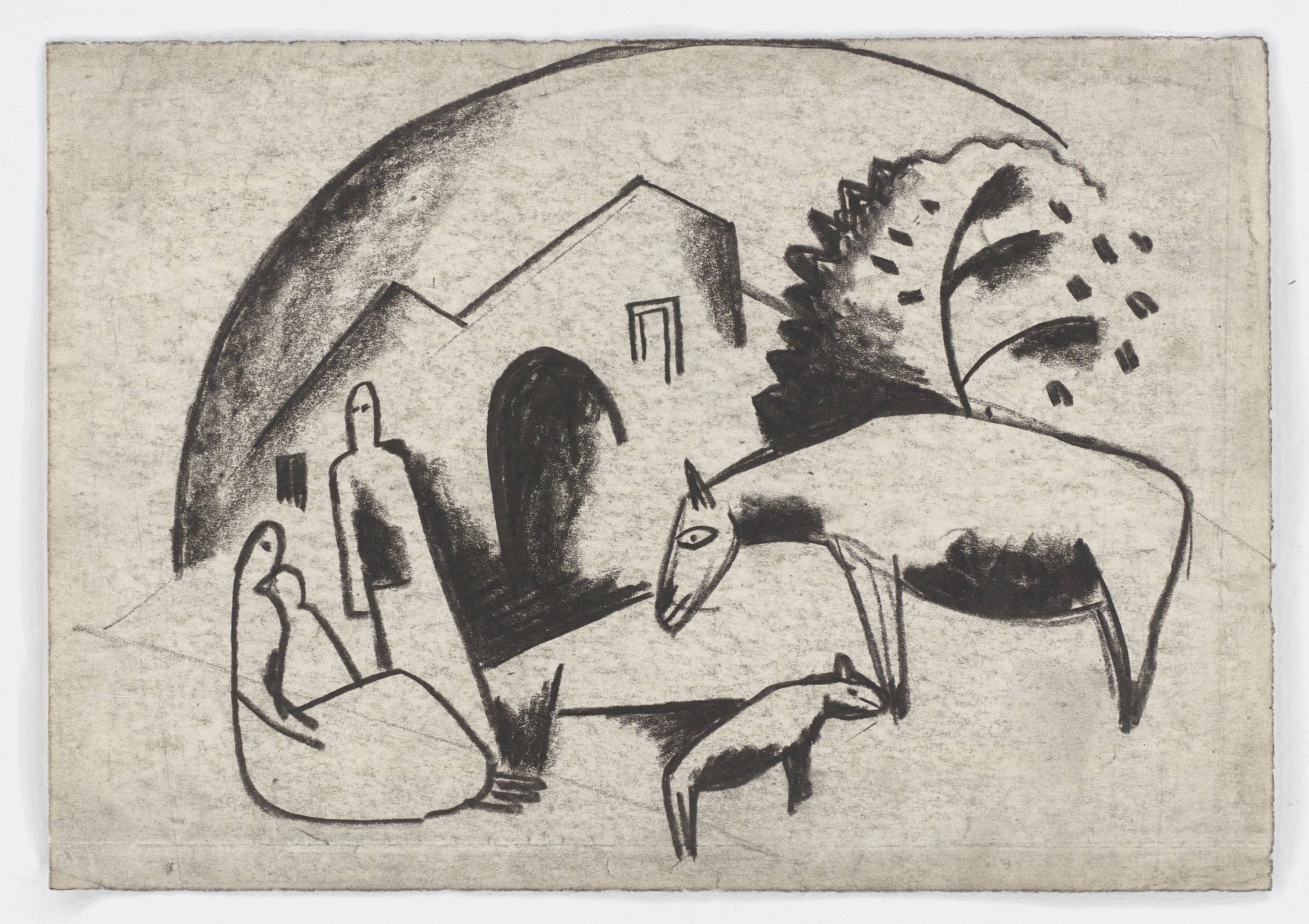 Auf diesem Bild ist das folgende Kunstwerk zu sehen: Béla Kádár. Familie mit Tieren. 1920er-Jahre.