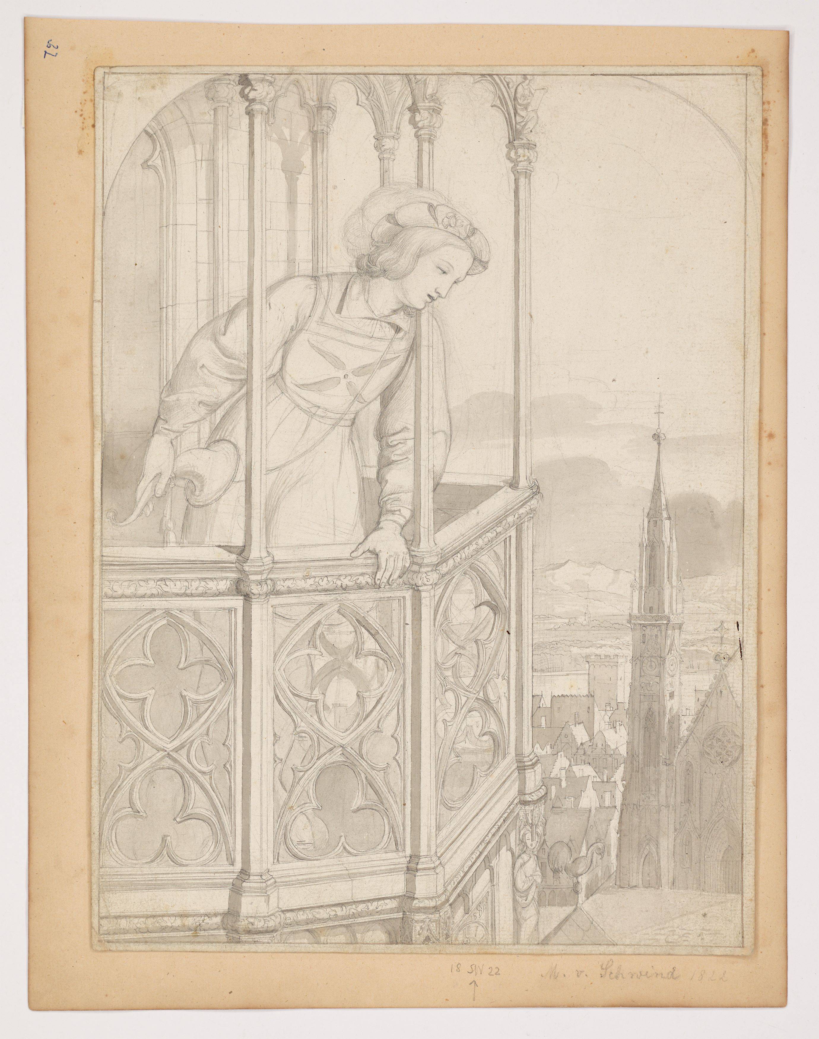 This picture shows the following artwork: Moritz von Schwind. Young henchman on the balcony. 1822.