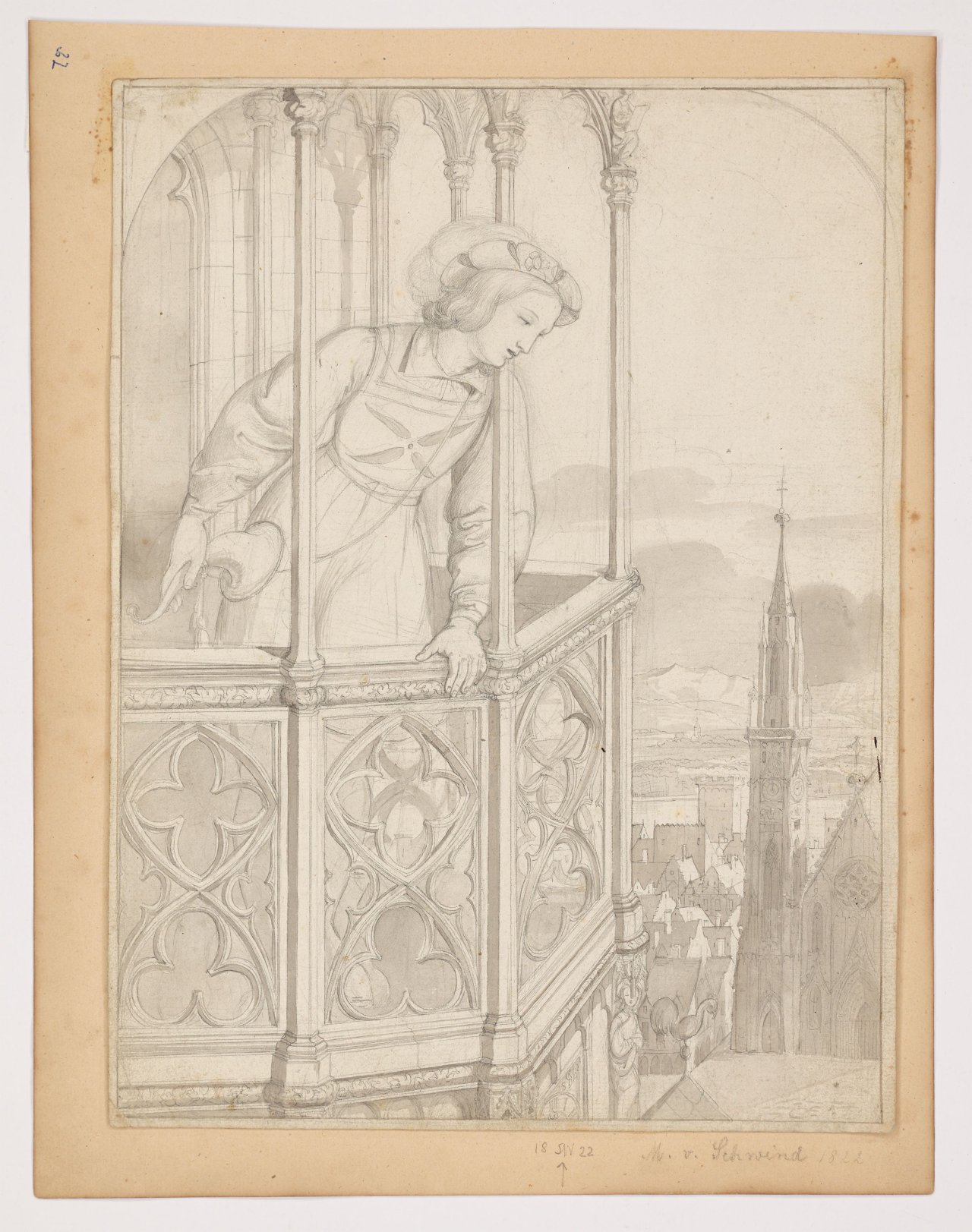 This picture shows the following artwork: Moritz von Schwind. Young henchman on the balcony. 1822.