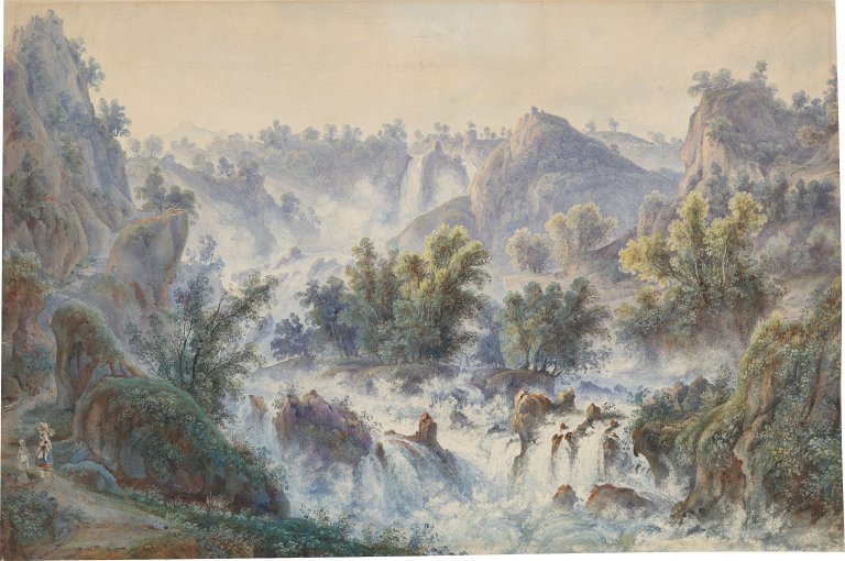 This picture shows the following artwork: Edward Theodore Compton (?). Tivoli waterfalls.