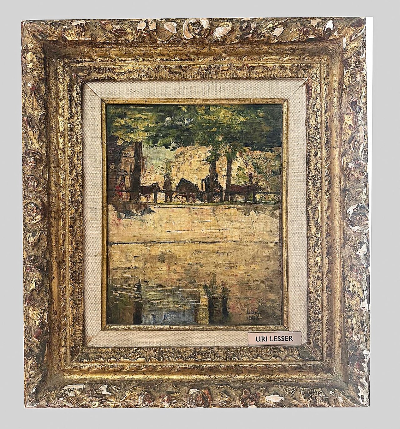 This picture shows the following artwork: Lesser Ury. ”Pferdefuhrwerke am Landwehrkanal, Berlin”. 1888.