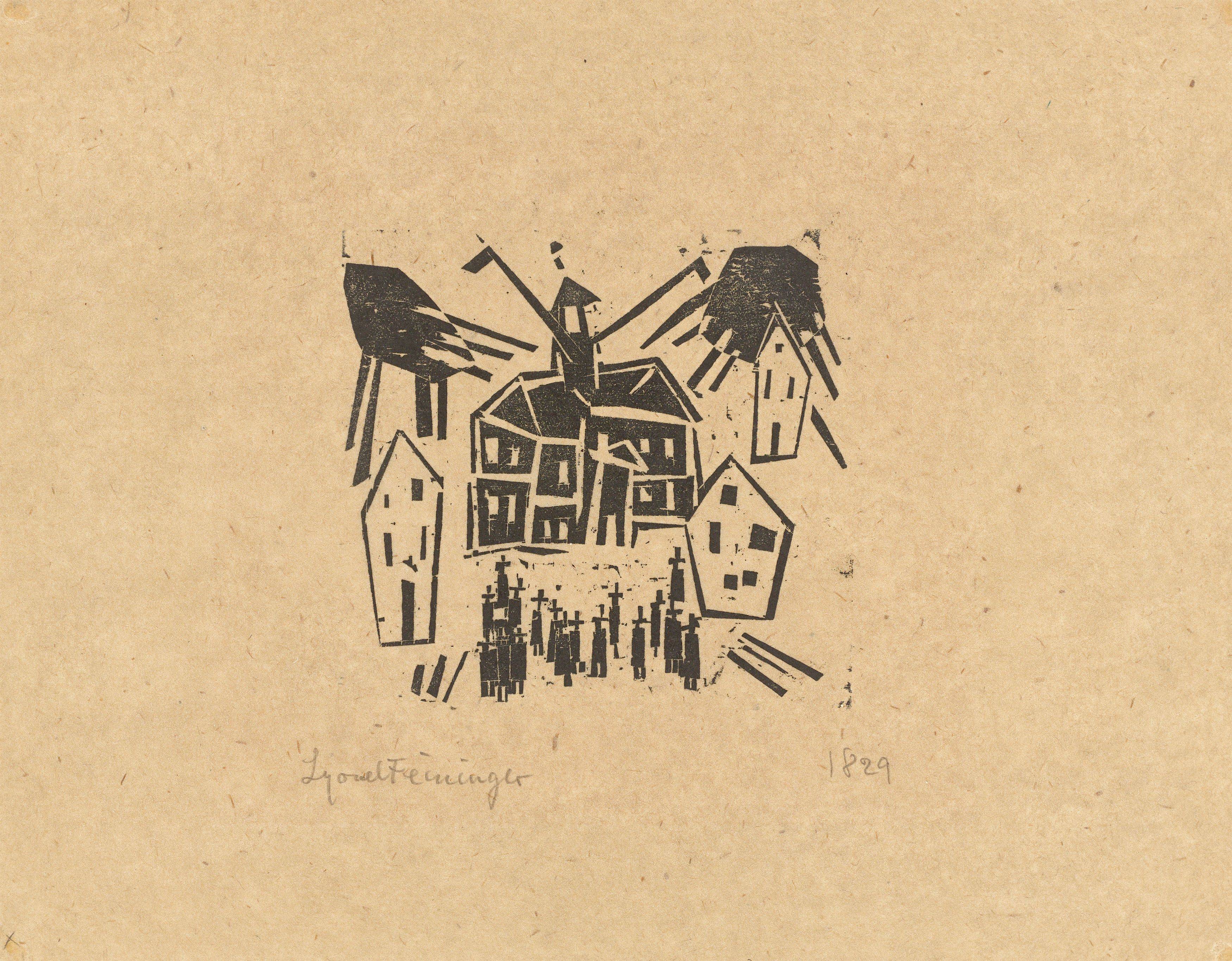 This picture shows the following artwork: Lyonel Feininger. ”Rathaus (mit einer Versammlung im Vordergrund)”. 1918.