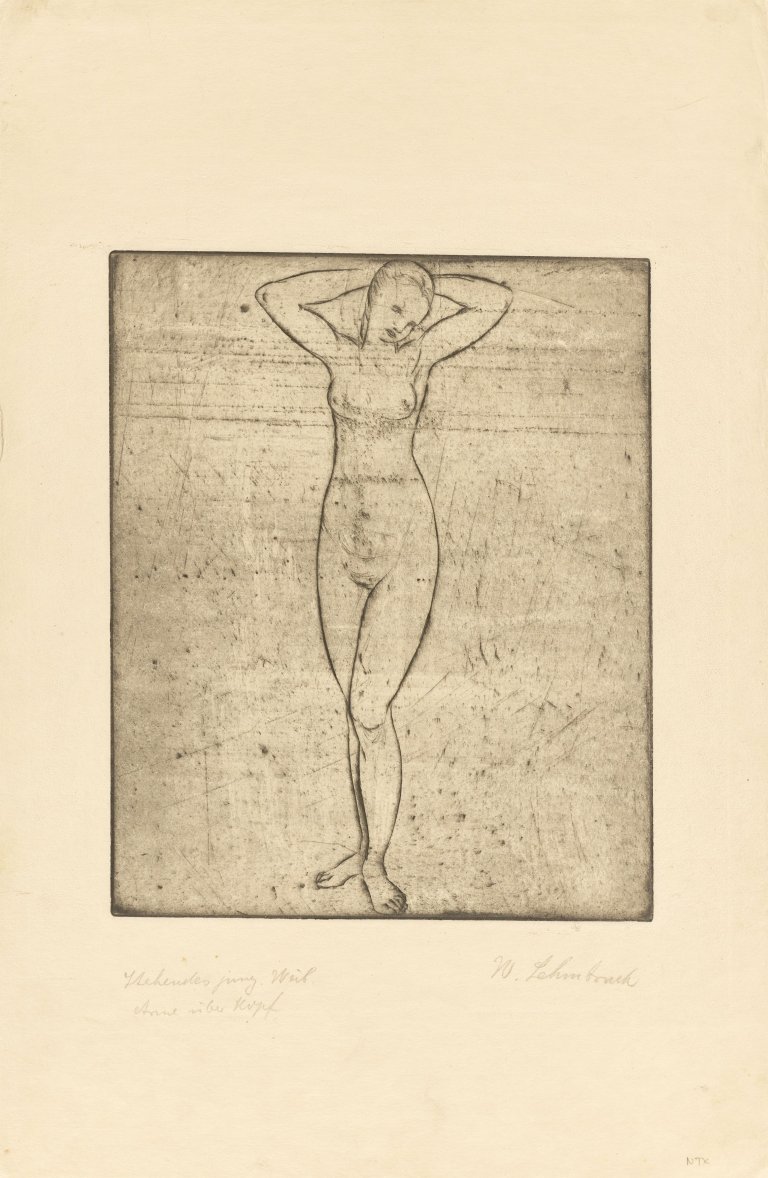 This picture shows the following artwork: Wilhelm Lehmbruck. ”Stehendes junges Weib mit über dem Kopf verschränkten Armen”. 1912.
