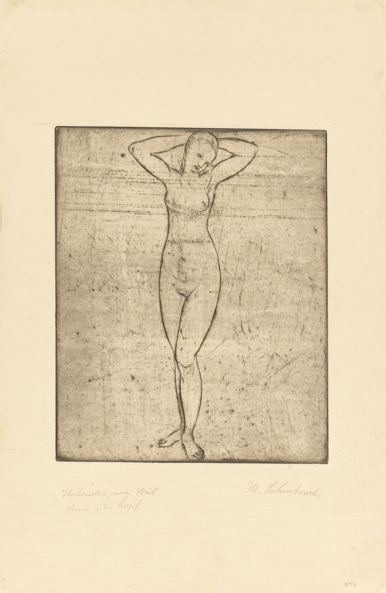 This picture shows the following artwork: Wilhelm Lehmbruck. ”Stehendes junges Weib mit über dem Kopf verschränkten Armen”. 1912.