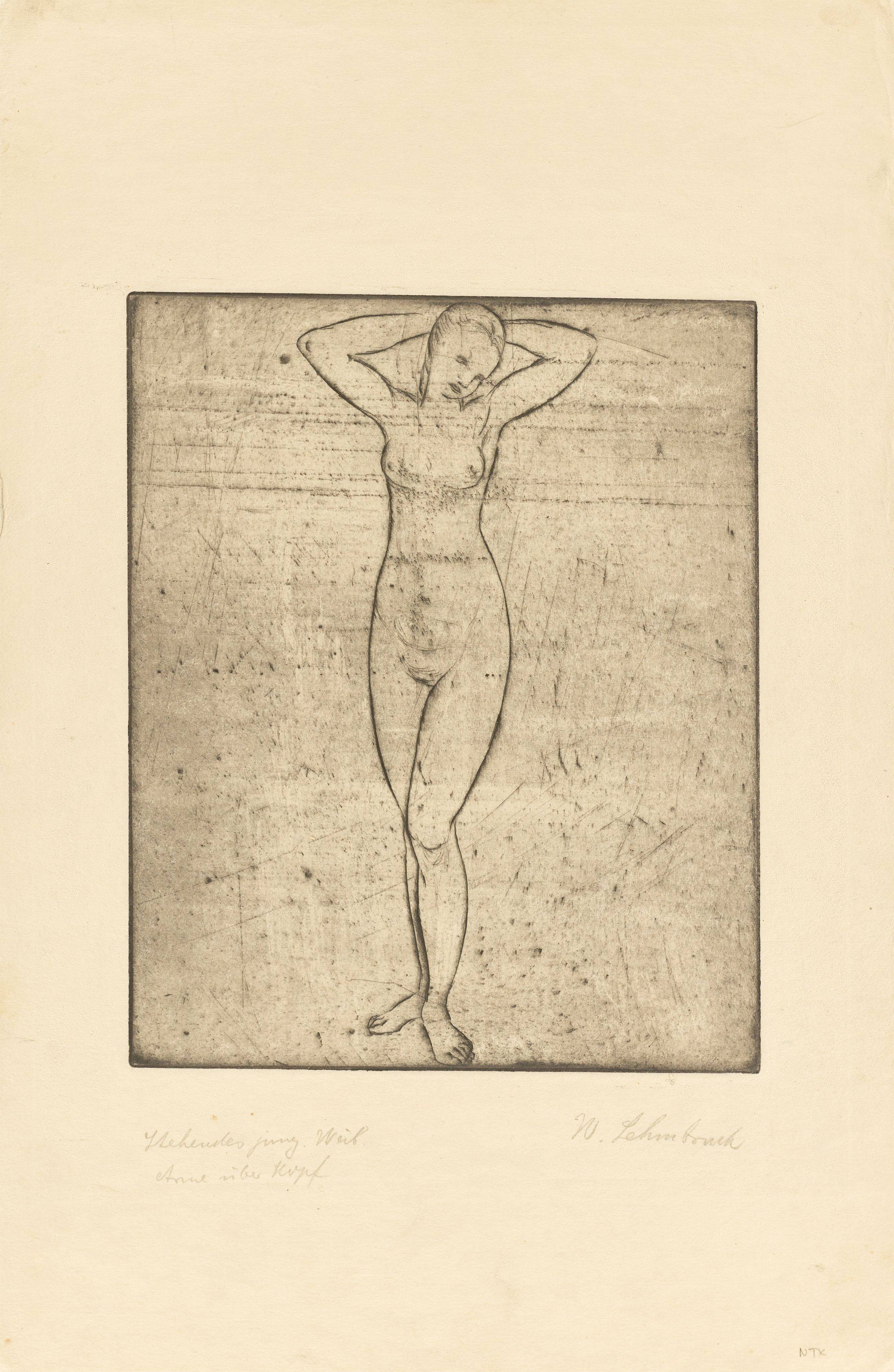 This picture shows the following artwork: Wilhelm Lehmbruck. ”Stehendes junges Weib mit über dem Kopf verschränkten Armen”. 1912.